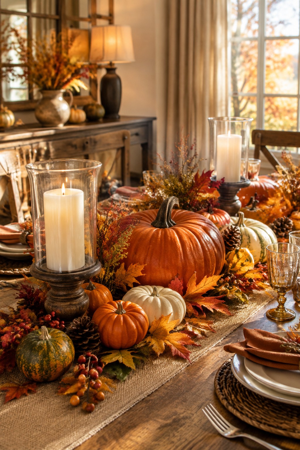 Dining table with a burlap runner holding a large orange pumpkin, smaller pumpkins in orange and white, glass candle holders, autumn leaves, and pinecones.