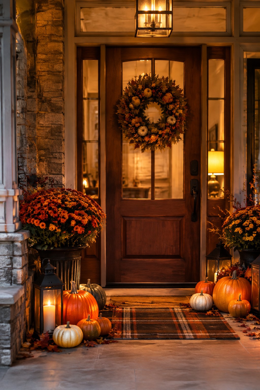 Wooden door with autumn wreath, pumpkins, mums, and glowing lanterns on porch