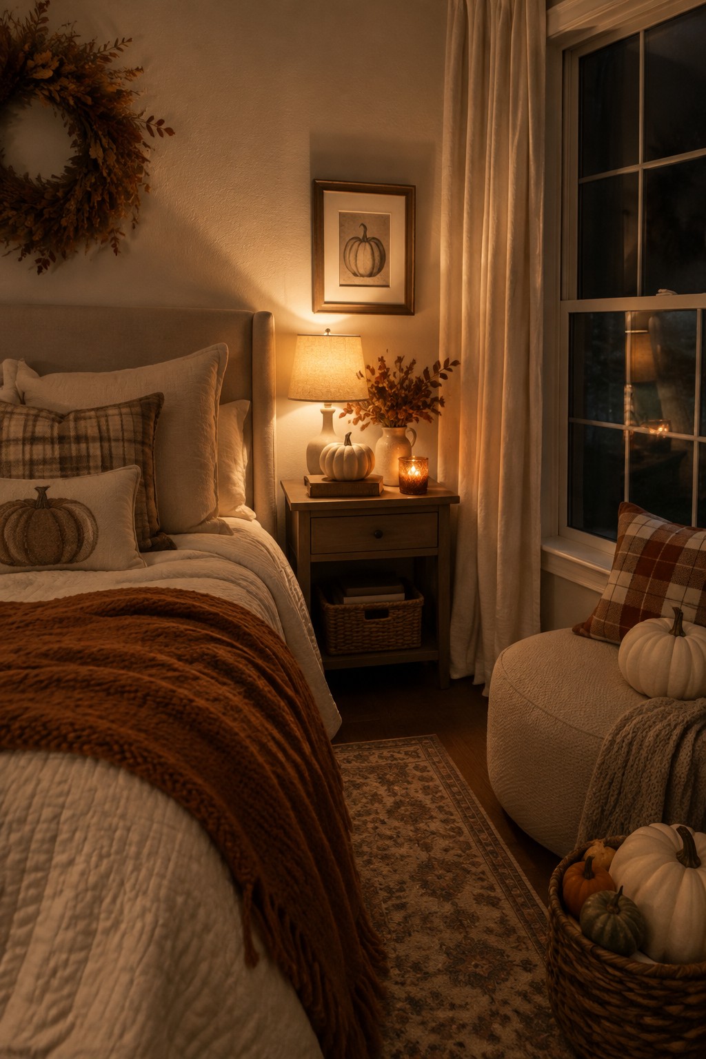 Bedroom scene with a woven basket of small pumpkins beside a round chair, a framed pumpkin print above the nightstand, and a pumpkin pillow on the bed.