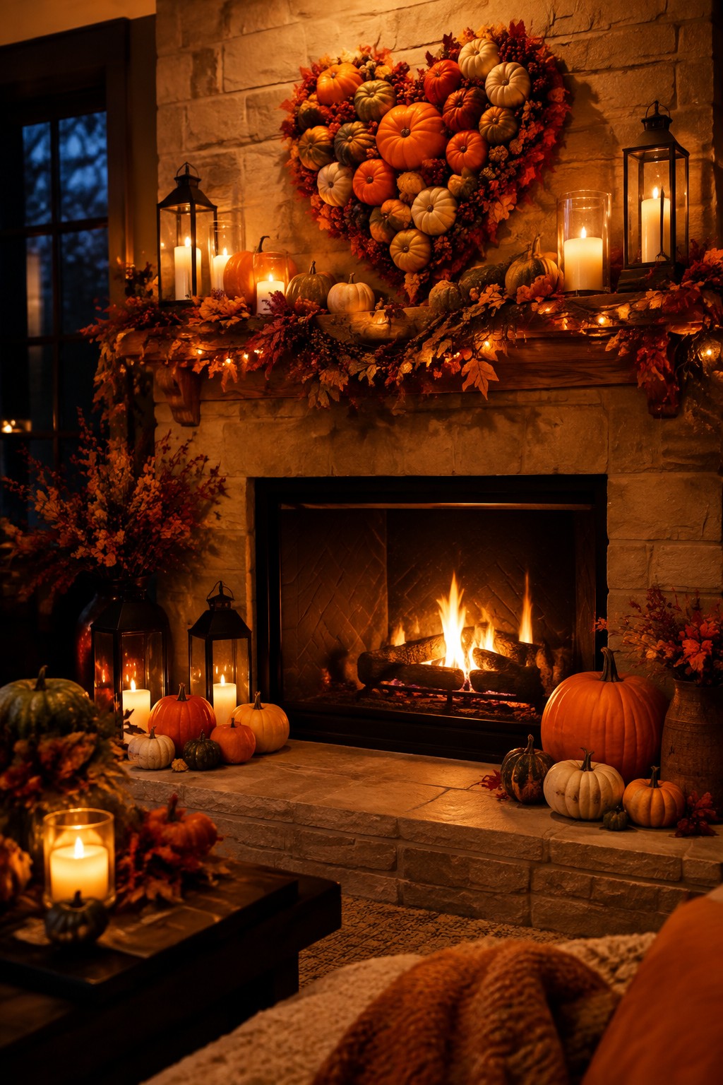 Stone fireplace with a large heart-shaped wreath made of pumpkins and autumn leaves on the mantel, surrounded by candles, lanterns, and additional pumpkins on the hearth.