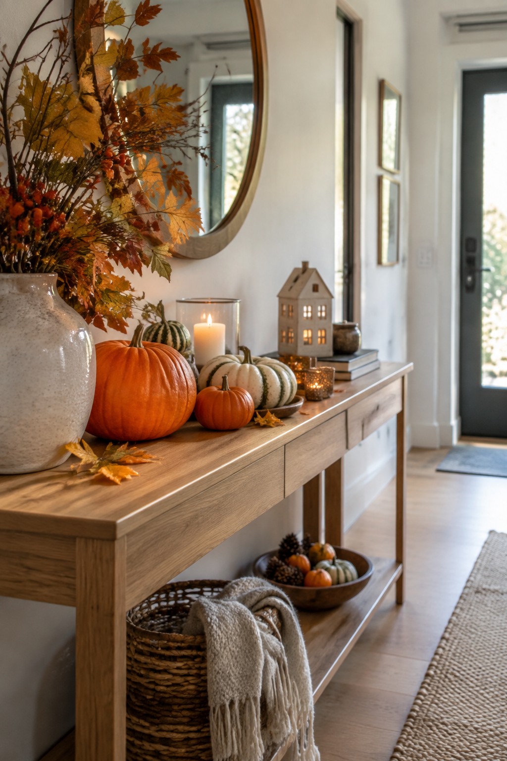 Wooden entry console with assorted pumpkins, candles, a ceramic vase of leaves, and a small decorative house under a round mirror.