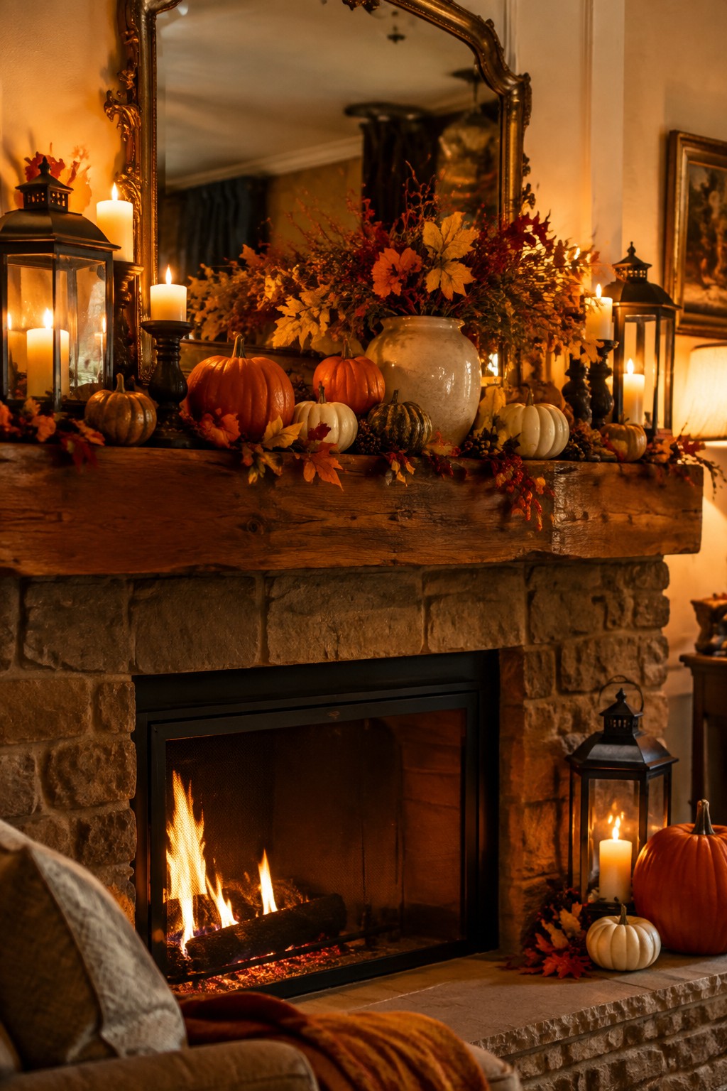 Cozy stone fireplace with burning flames, autumn pumpkins, leaves, flowers, and glowing candles.