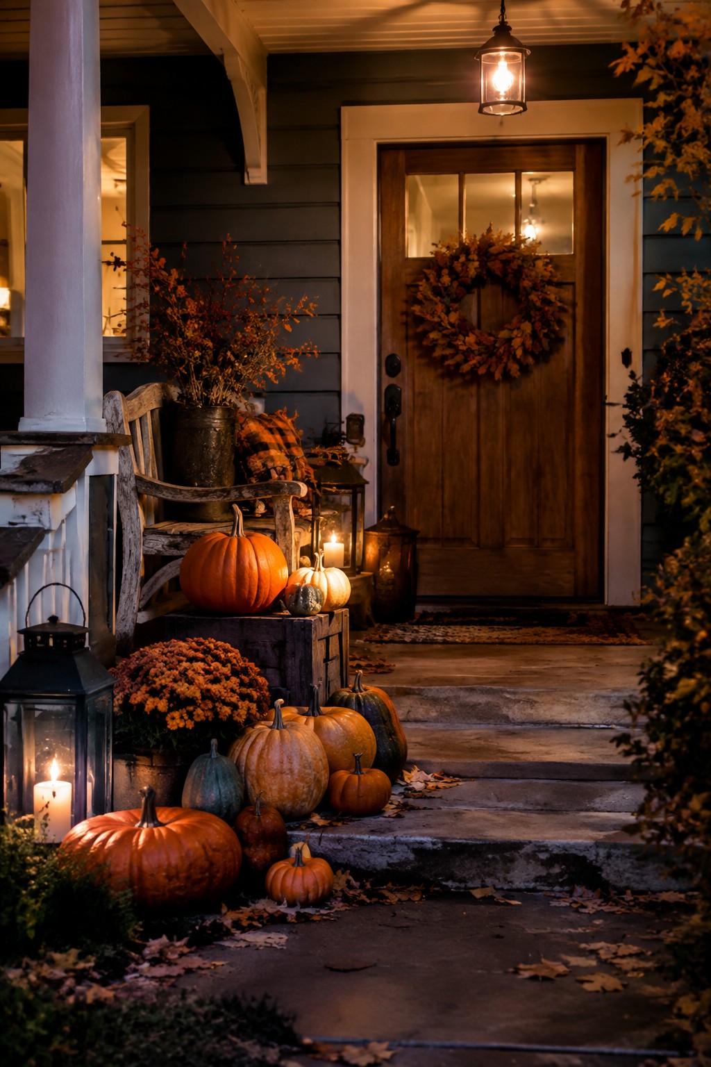 Front porch steps lined with assorted pumpkins in orange and green tones, accompanied by lanterns, a wooden crate, and an autumn wreath on the door.