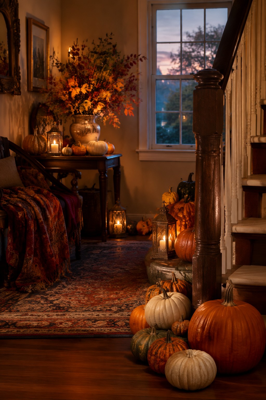 Entryway with a large grouping of orange, white, and green pumpkins clustered at the base of a wooden staircase, along with lit lanterns and a console table holding more pumpkins and autumn branches.