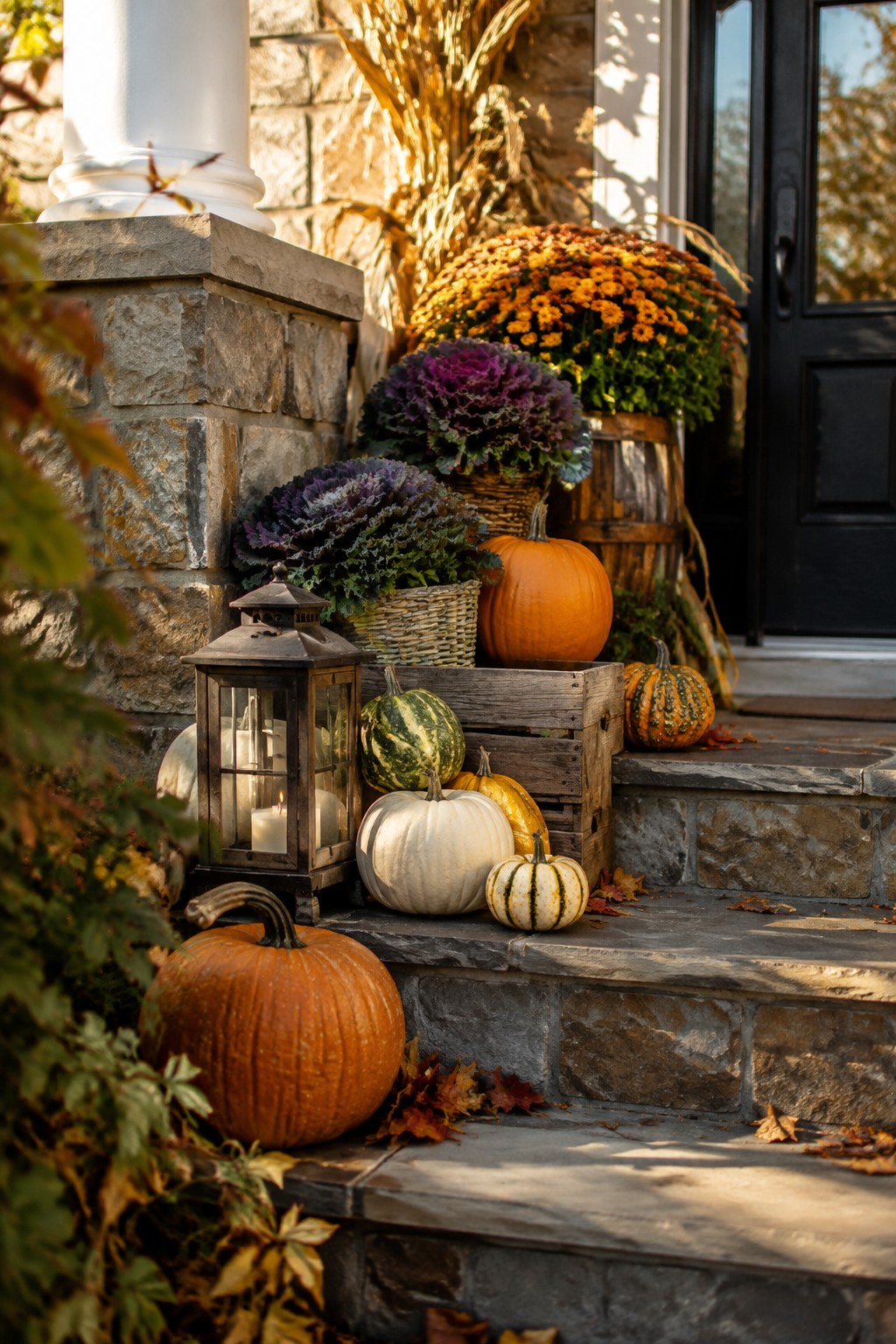 Stone front steps lined with orange, white, and striped pumpkins arranged around a wooden crate near a black door.