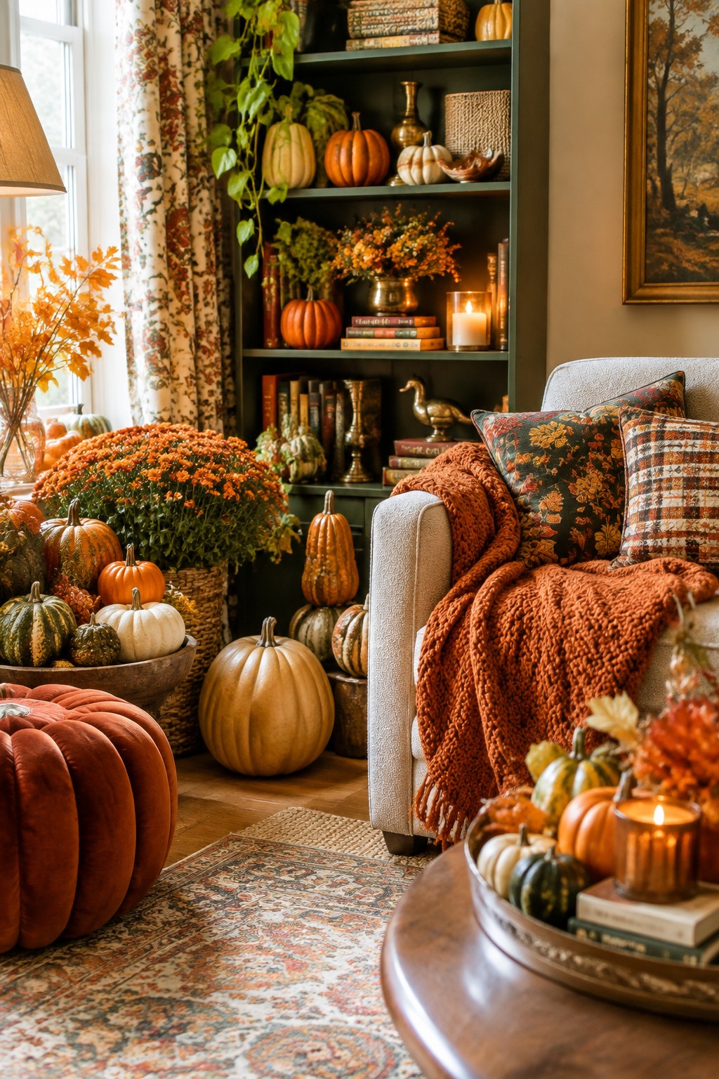 Living room corner with a collection of pumpkins of various sizes and colors arranged on the floor, in a wooden bowl, and on built-in shelves beside an armchair with an orange throw.