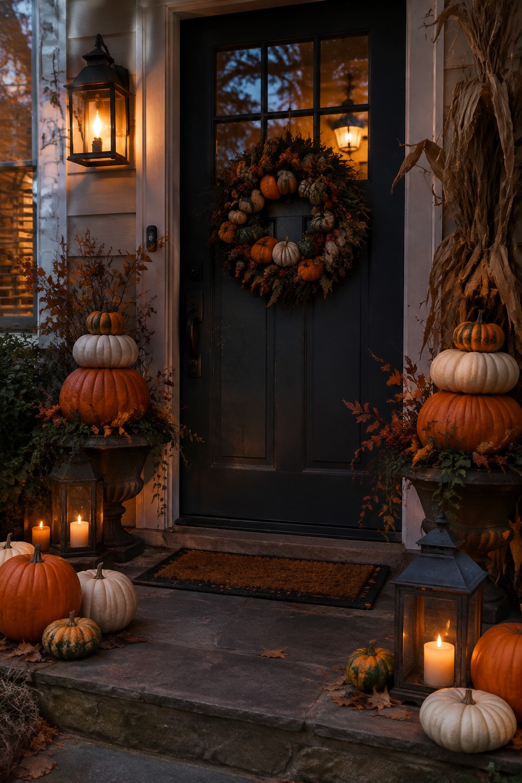 Front door with a pumpkin wreath and two large urns holding stacked pumpkins on either side of the steps.
