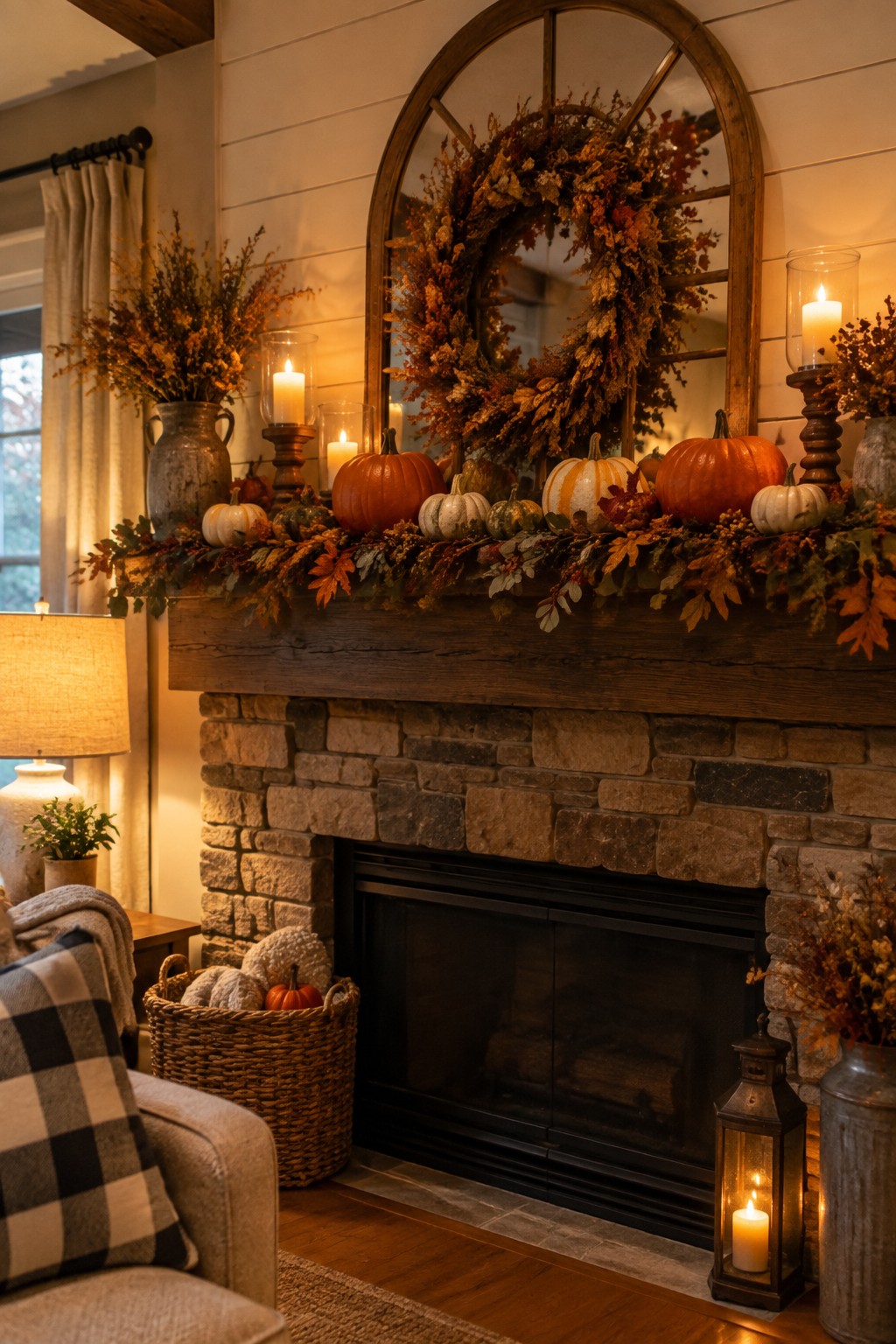 Stone fireplace mantel lined with orange, white, and green pumpkins of various sizes, an autumn wreath on the mirror above, and lit candles.