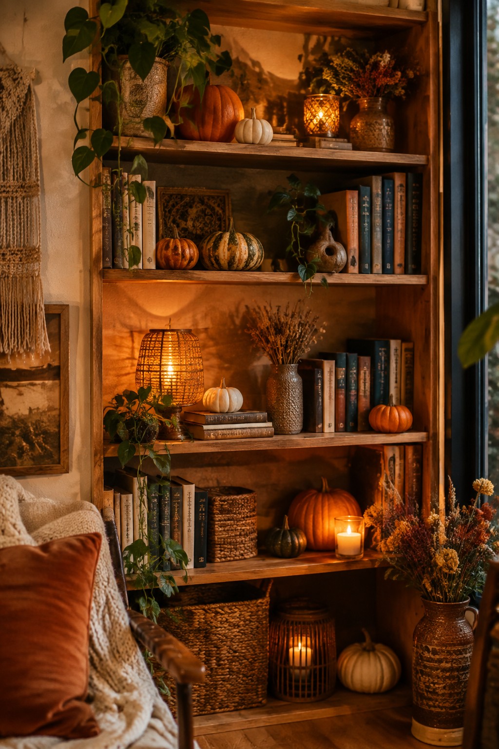 Wooden built-in shelves filled with books, orange and white pumpkins, candles, and dried flowers in a cozy indoor setting.