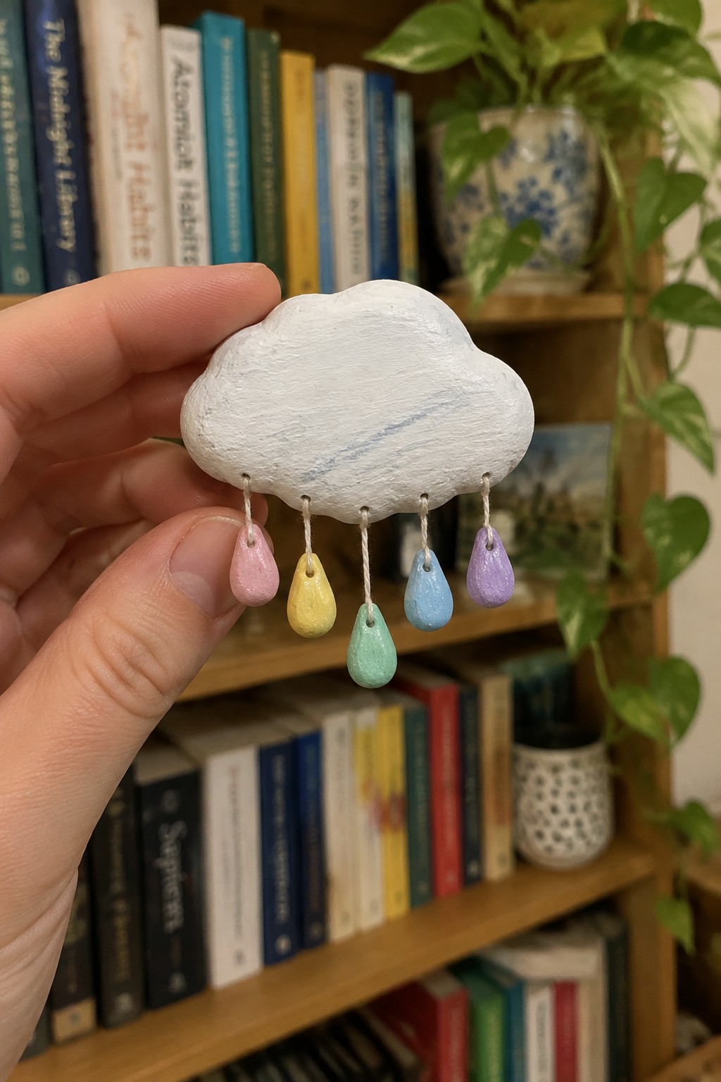 Hand holding white cloud craft with pink yellow green blue purple dangling drops
