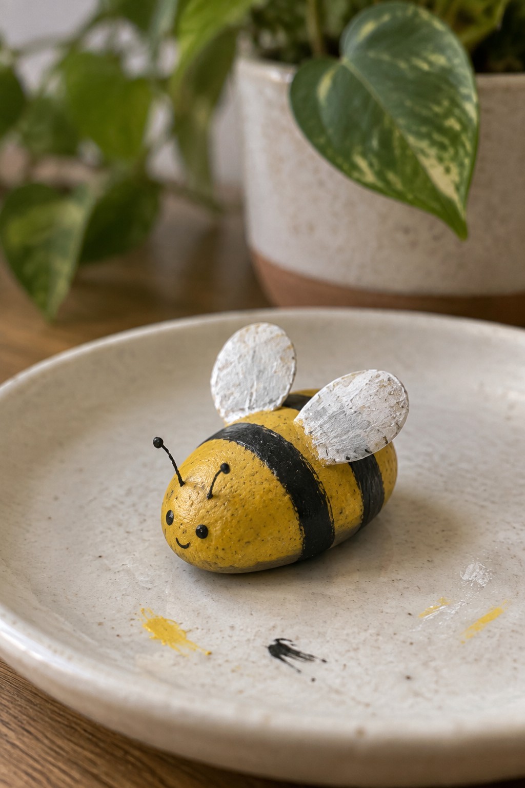A small oval rock painted yellow with black stripes to look like a bumblebee, featuring white wings, dot eyes, and antennae, sitting on a ceramic plate.