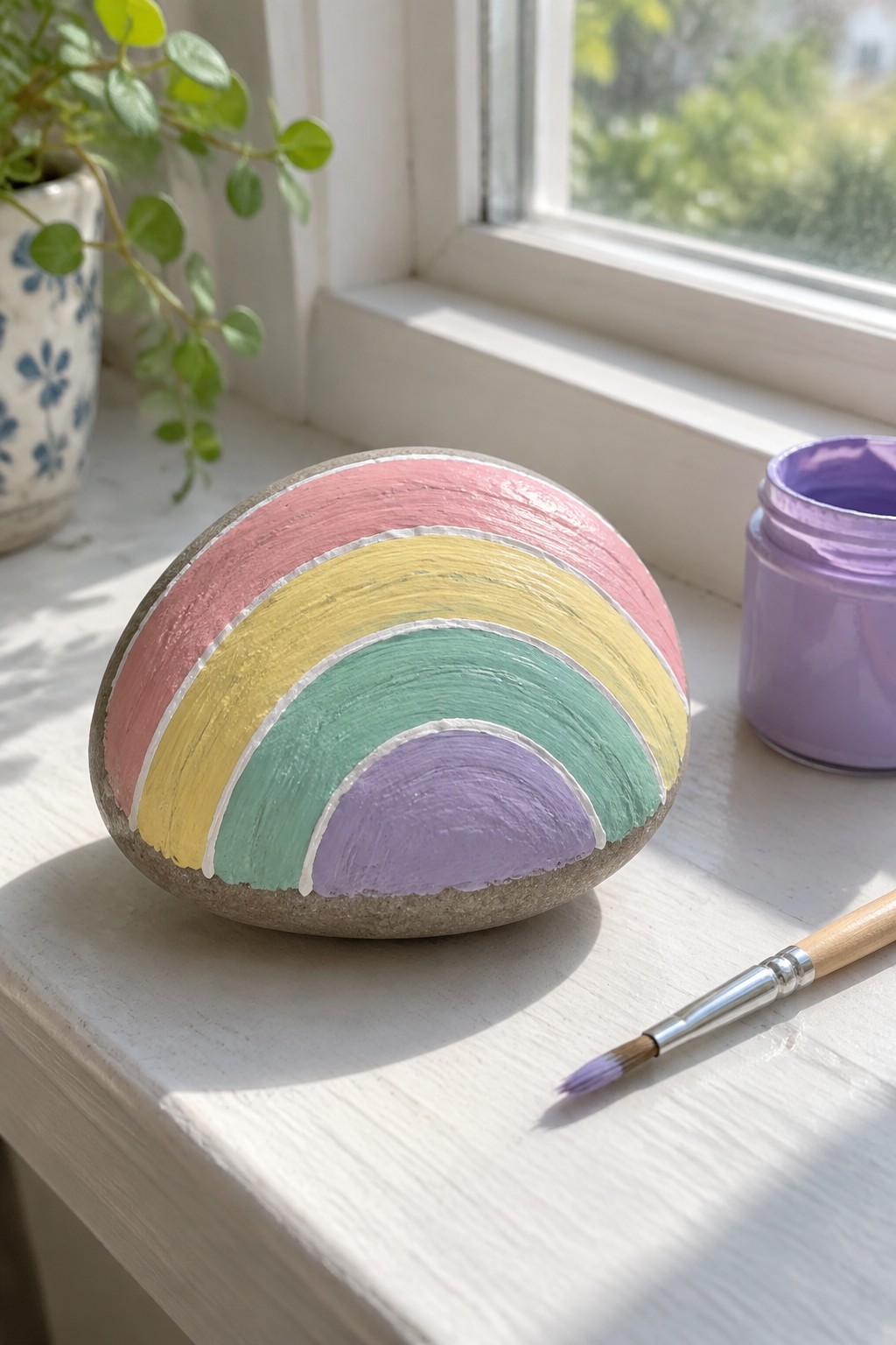 Rainbow-striped rock on windowsill beside purple paint jar and brush