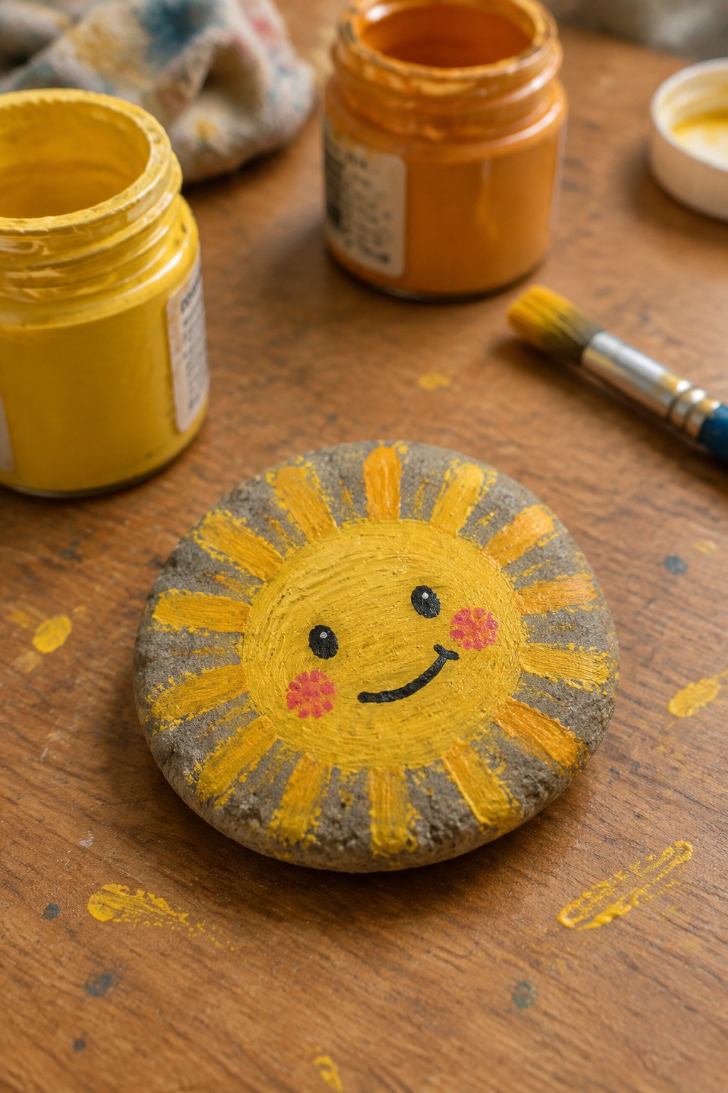 A round gray stone painted with a yellow smiling sun face and orange-yellow rays sits on a wooden table next to open yellow and orange paint jars and a brush.