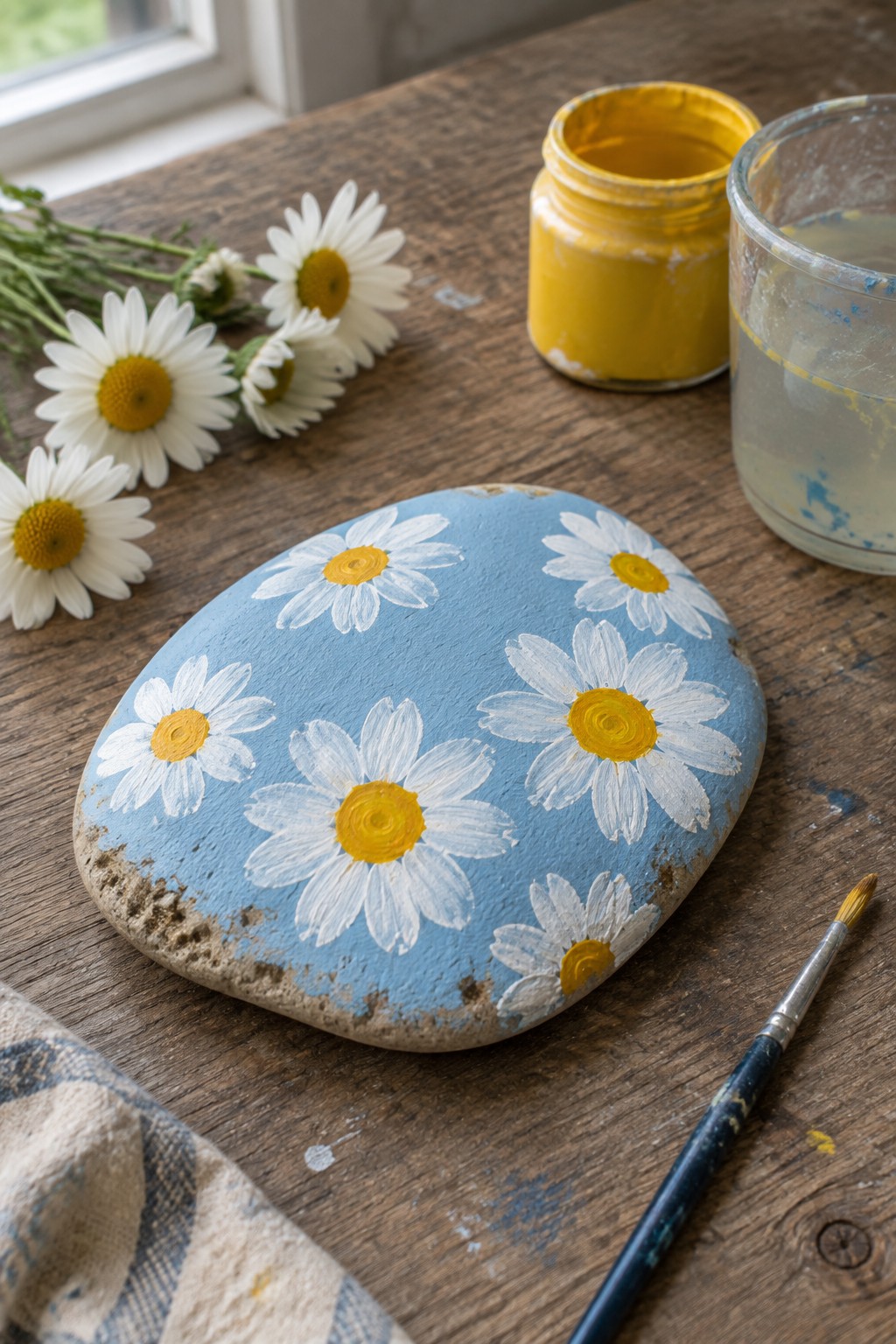 Blue painted rock with white daisies beside yellow paint jar and brush on wood table