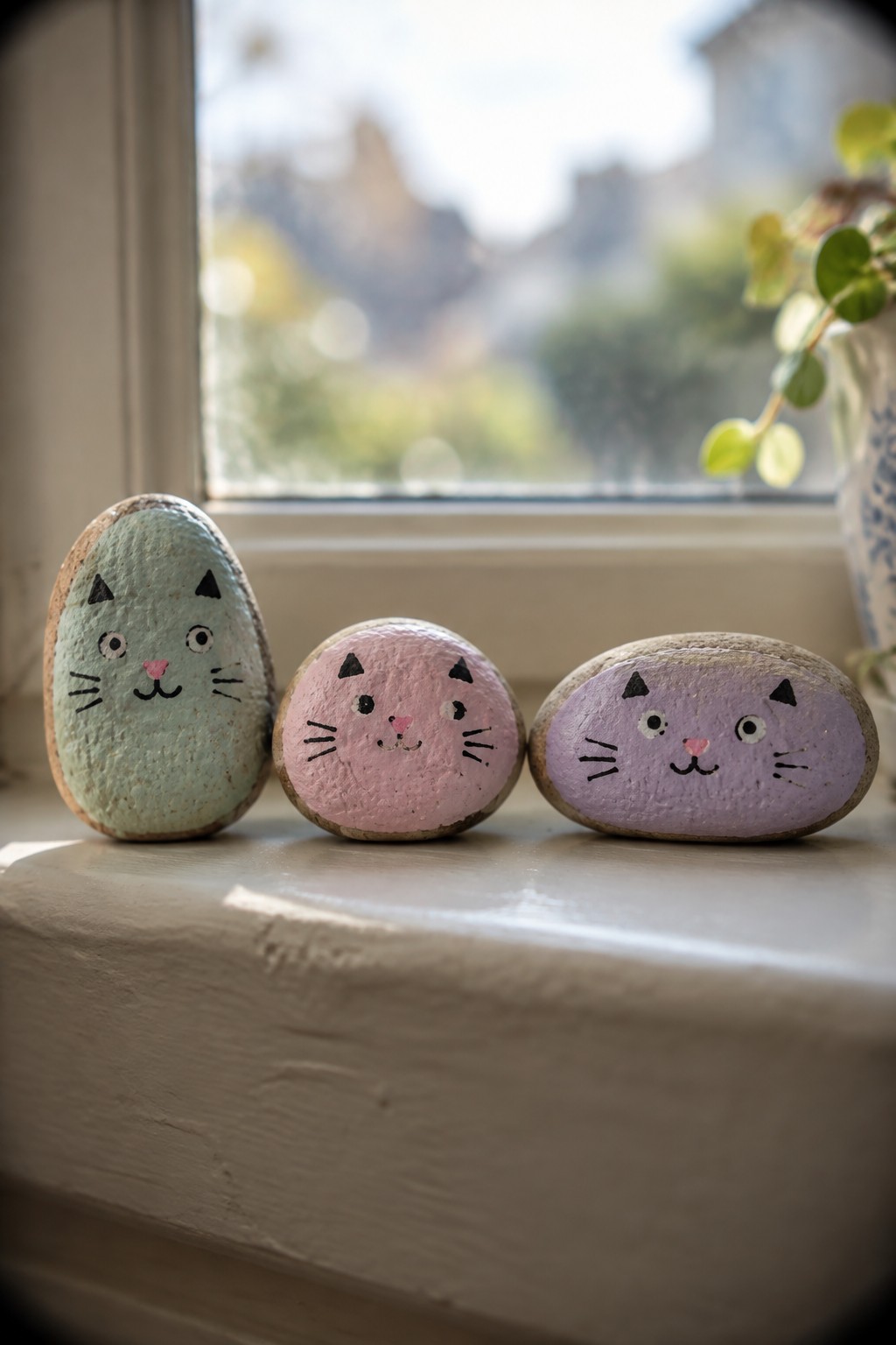 Three oval rocks painted as cat faces in mint, pink, and purple sit on a windowsill.
