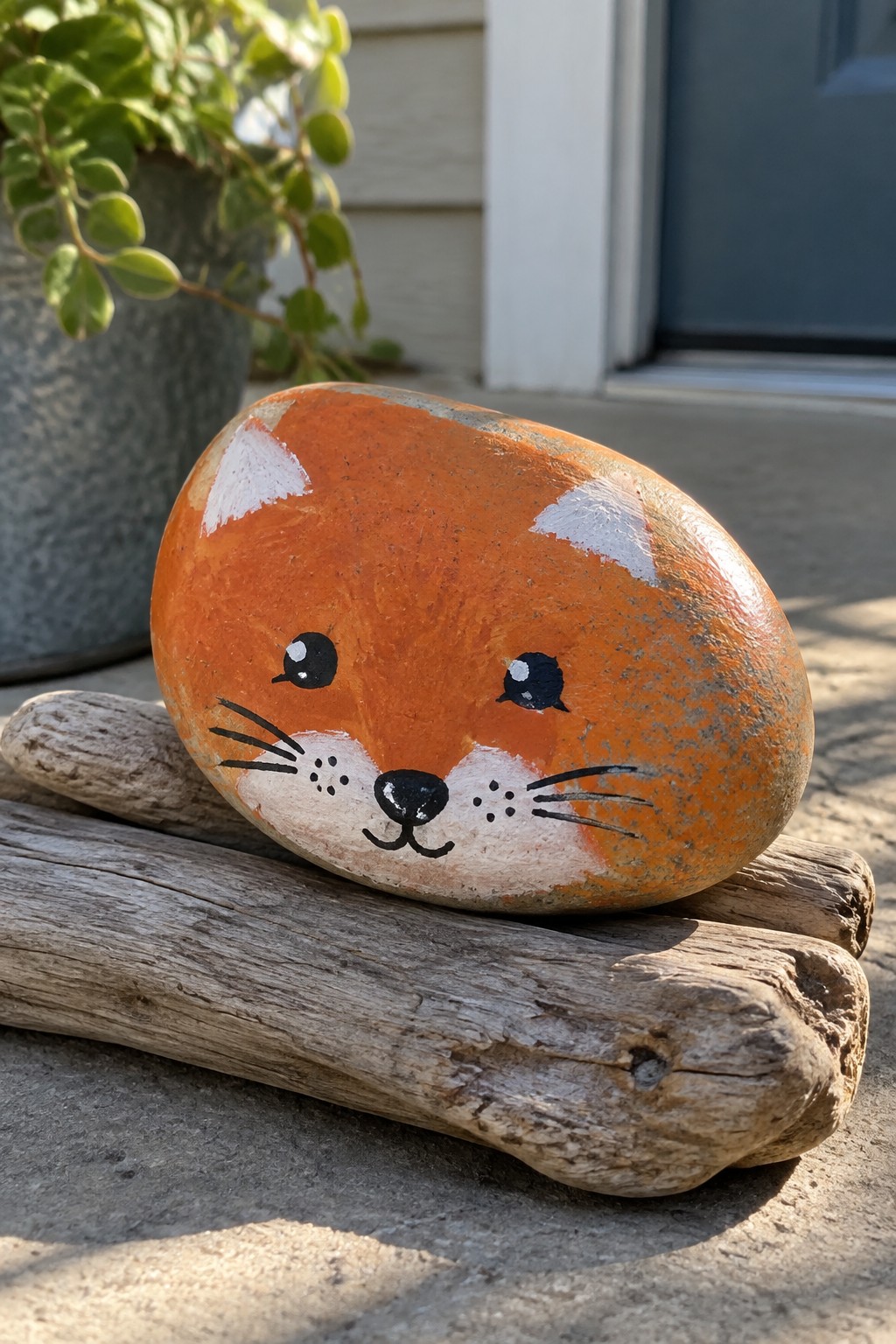 Orange rock painted as fox face with black nose and whiskers on driftwood.