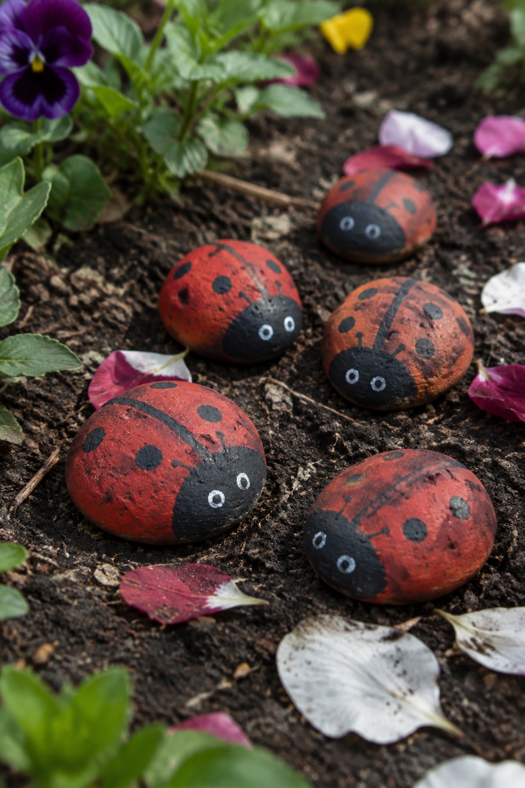 Five painted ladybug rocks on soil near purple flowers and petals