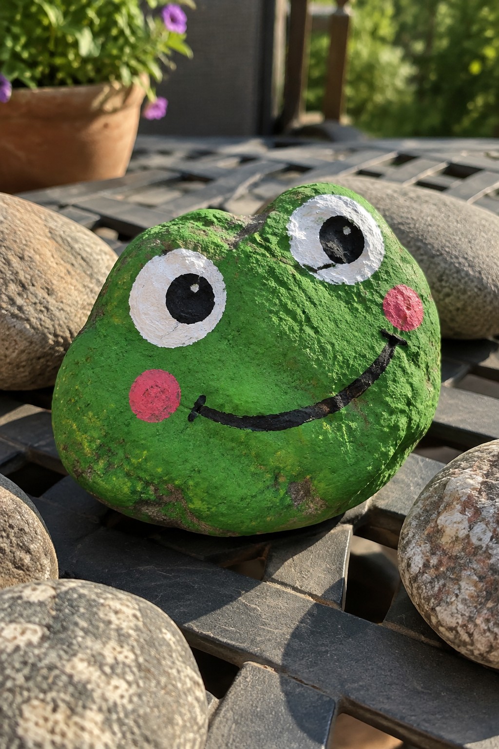 Green painted rock frog with bulging white eyes, pink cheeks, and smile on table