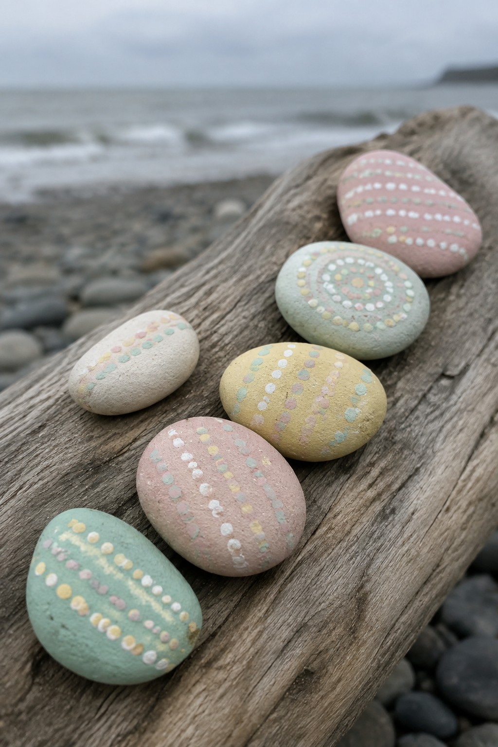 Painted pebbles with colorful dots on driftwood beside a misty ocean beach.