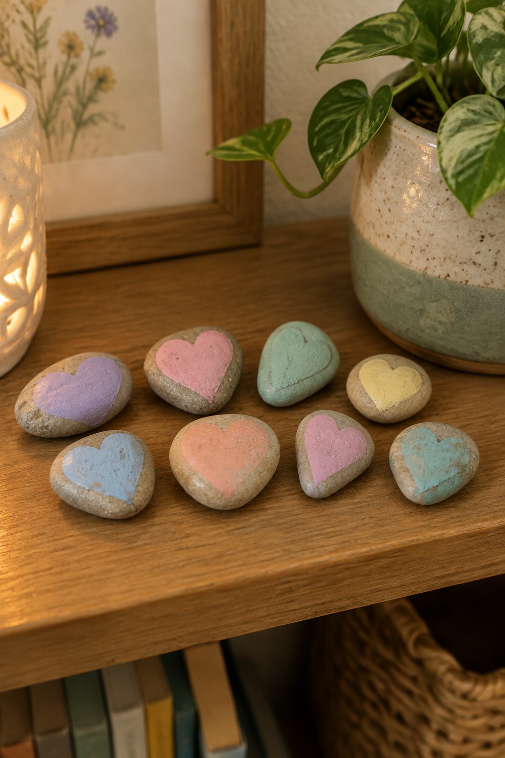 Pastel heart-painted stones on wooden shelf beside glowing candle and plant