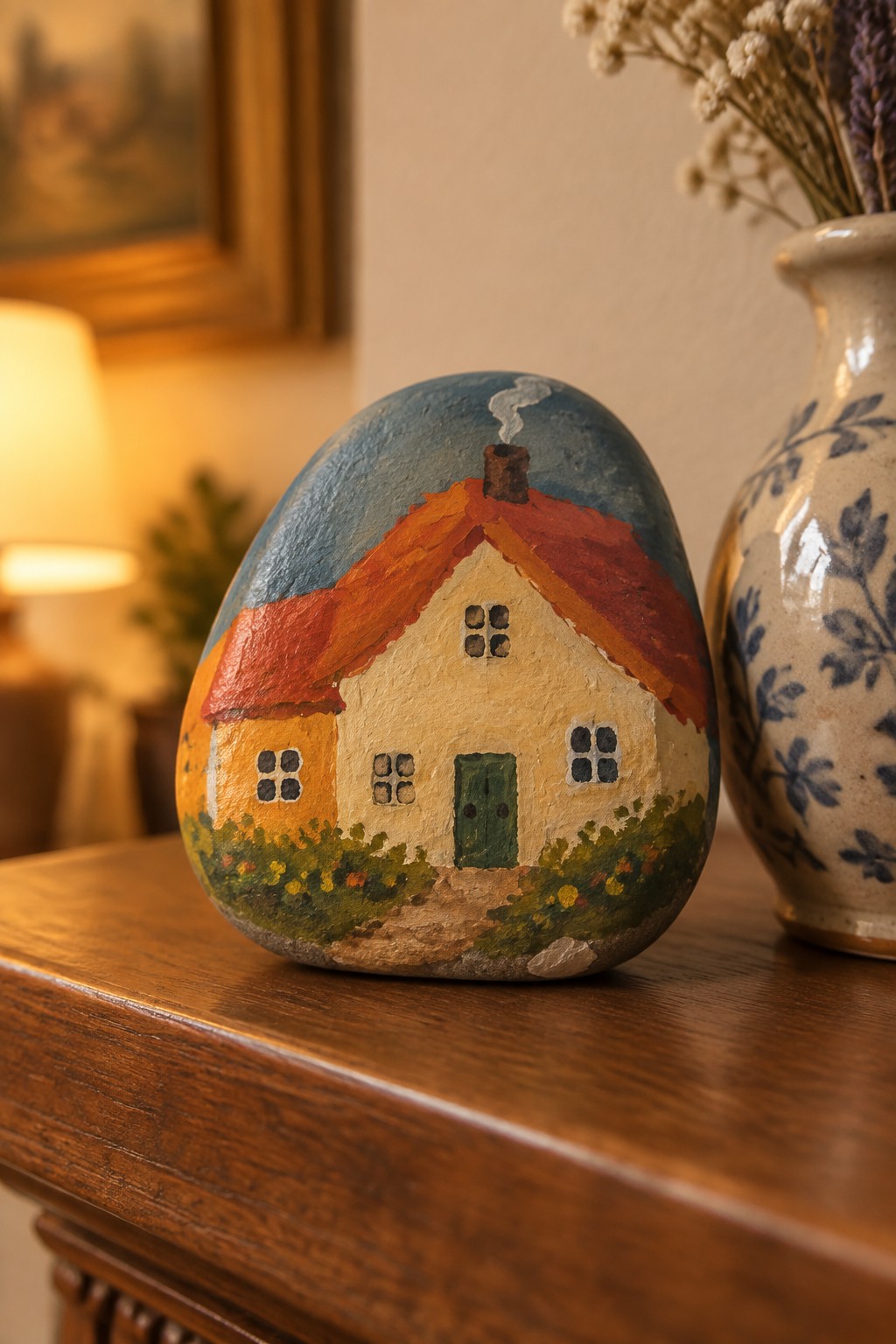 Painted rock house with red roof, green door, and flowers beside patterned vase