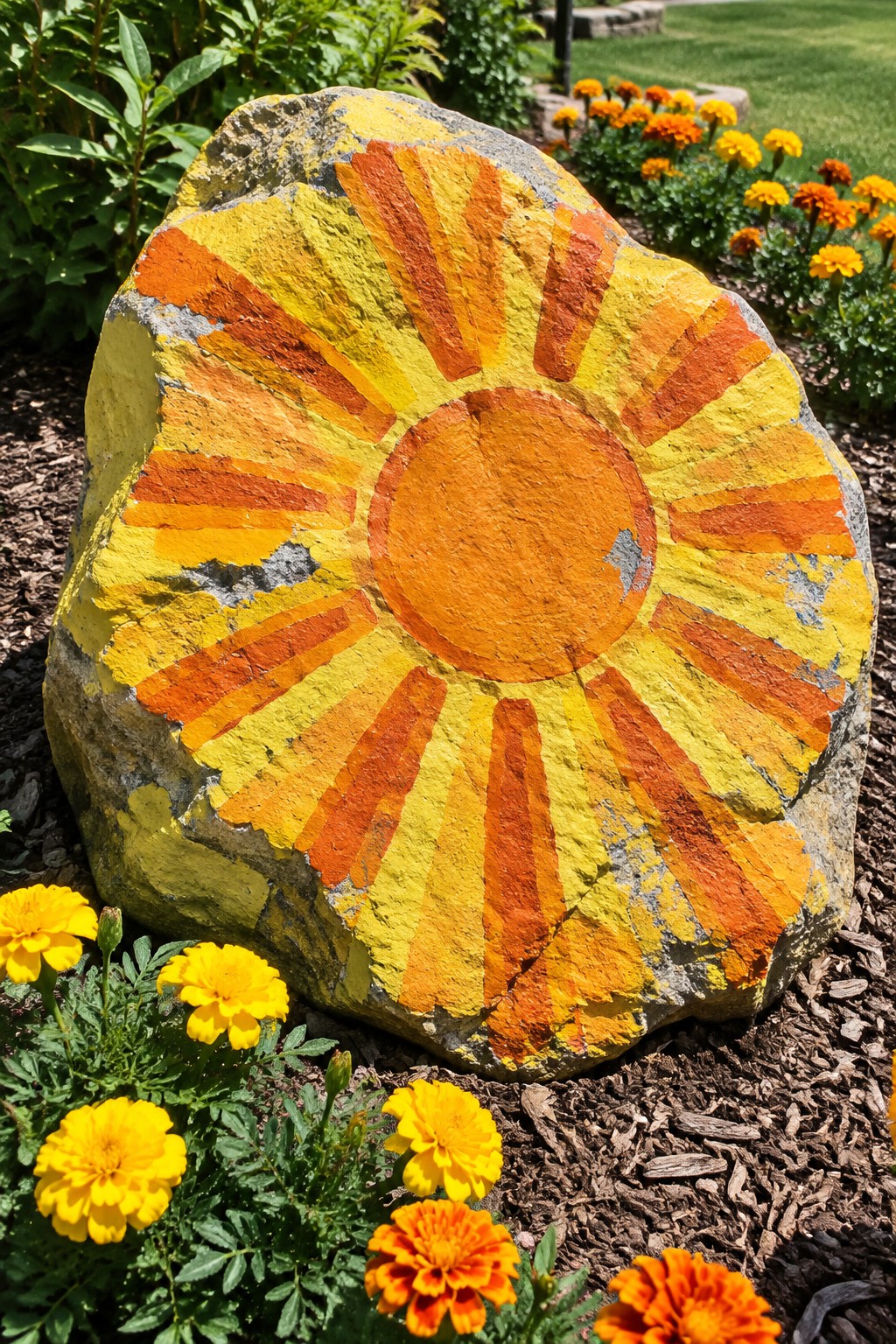 Large rock painted with yellow-orange sun design amid garden marigolds and mulch