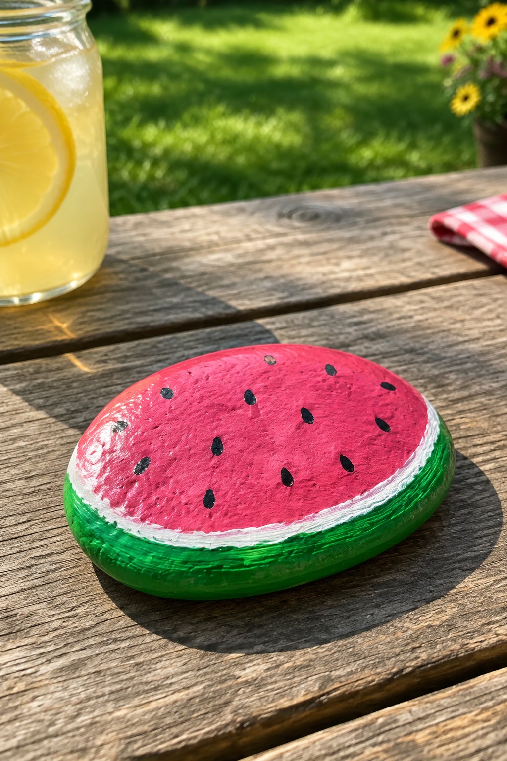 Painted watermelon rock on wooden table beside lemonade jar in sunny garden