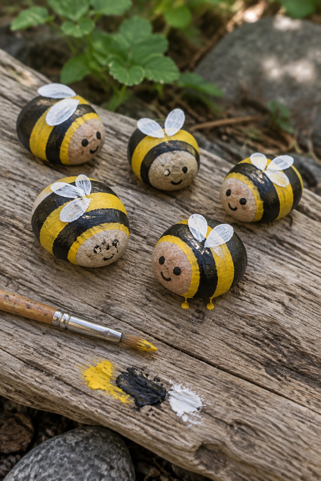 Five painted bee rocks with yellow-black stripes on wood beside paintbrush and paints