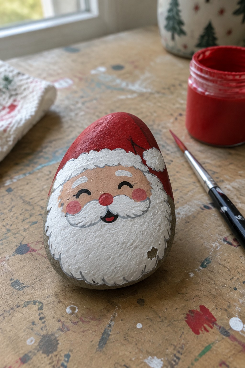 Painted Santa Claus rock on splattered wooden table with red paint and brush