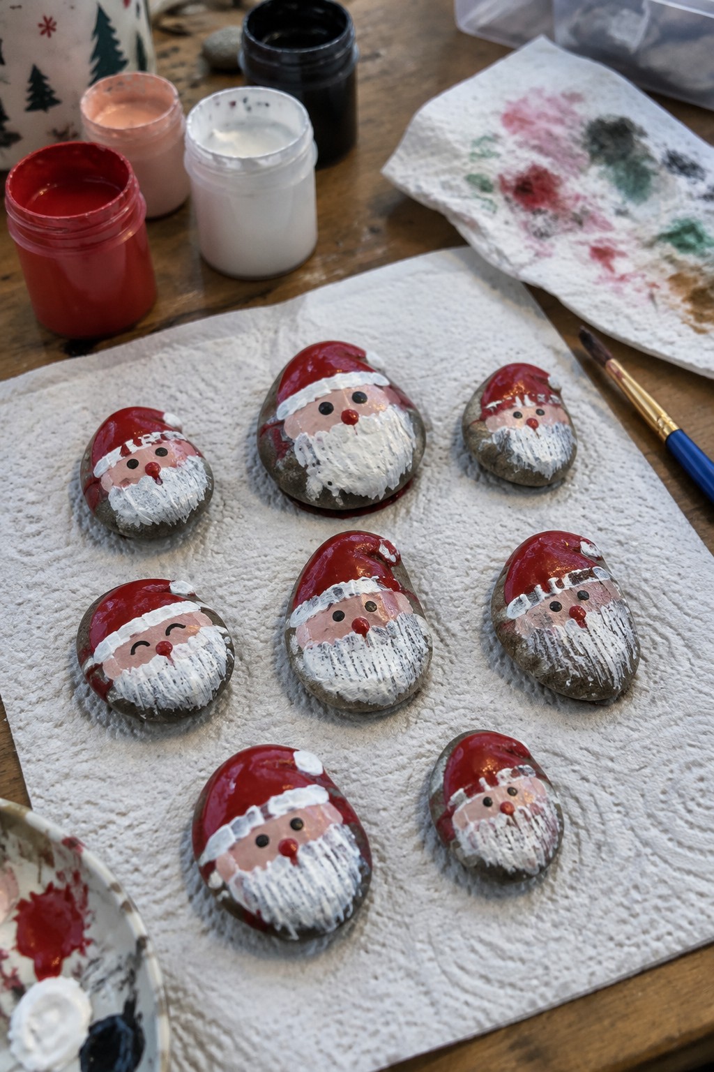 Assorted painted Santa Claus rocks on paper towel with paint jars and brush nearby.