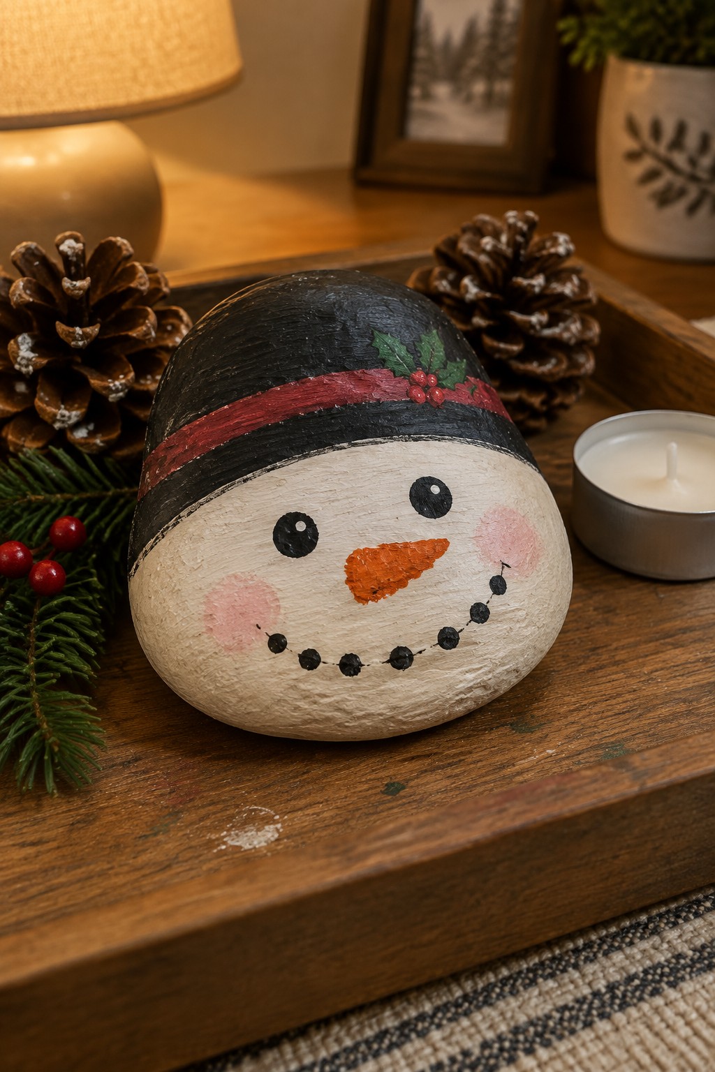 Painted rock snowman with black hat and holly on wooden tray with pinecones.