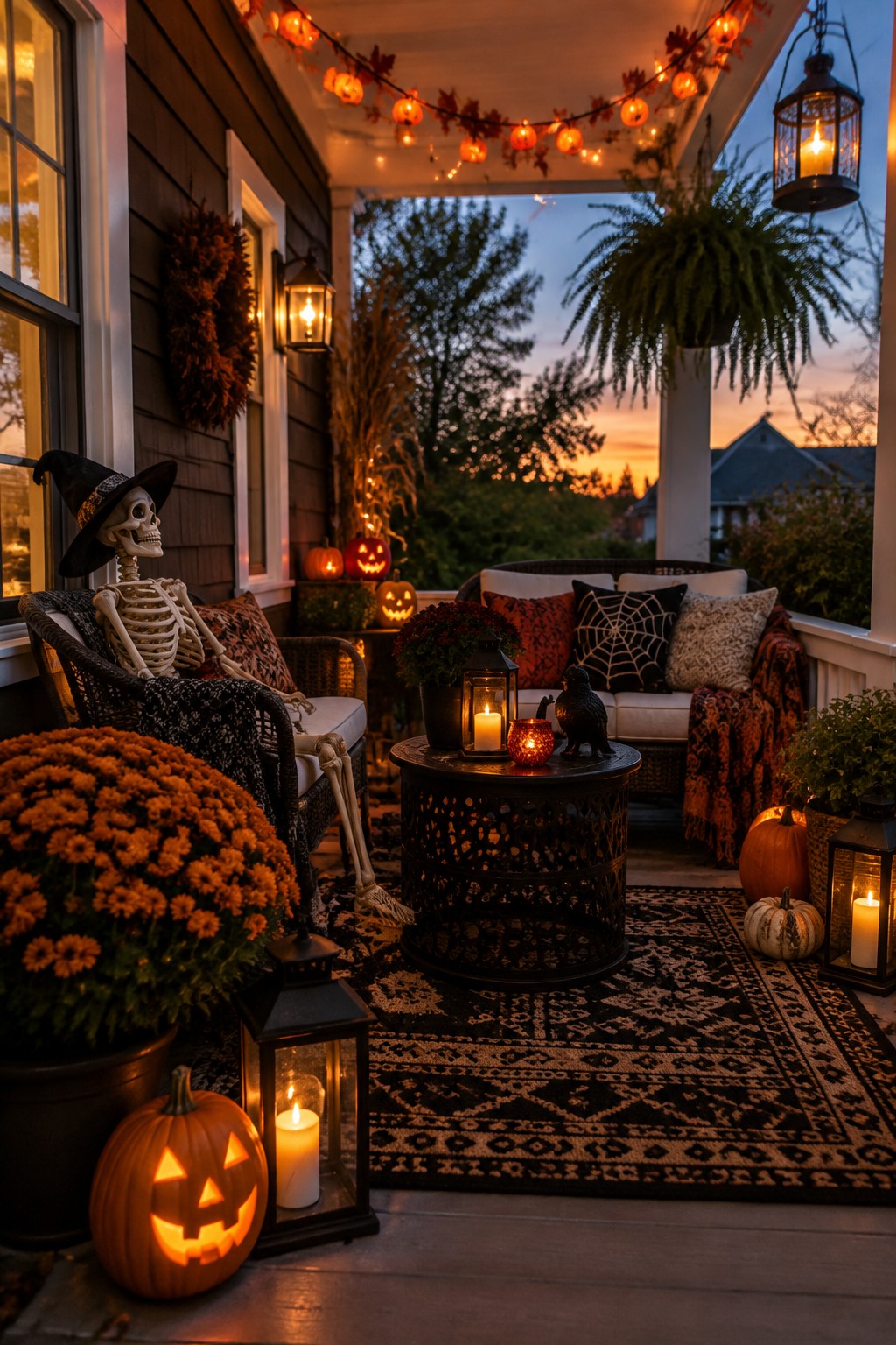 Front porch with a skeleton in a witch hat seated in a wicker chair, surrounded by jack-o'-lanterns, lanterns, and string lights.