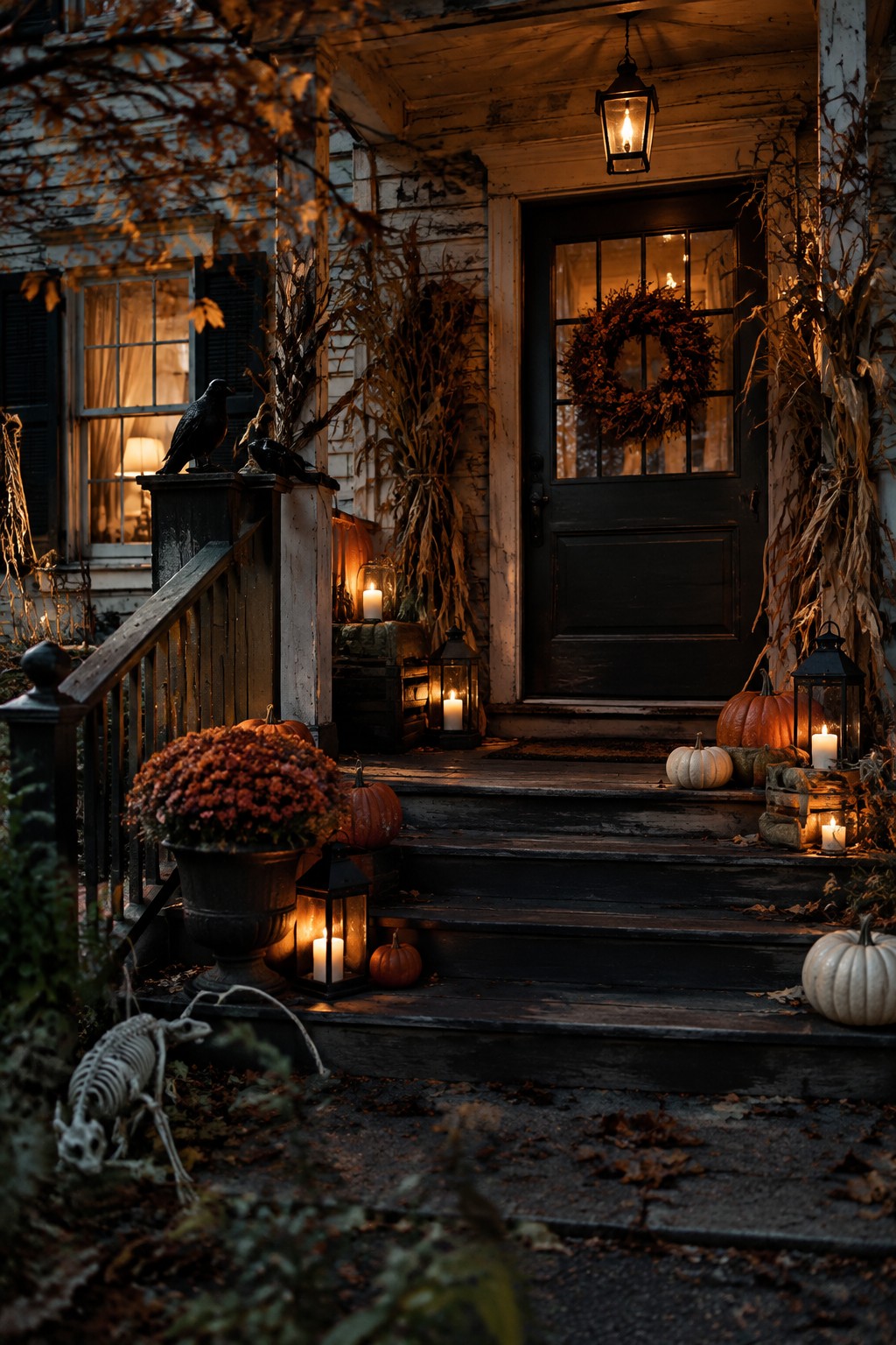 Front porch with a small skeleton decoration on the ground, crows on the railing, pumpkins, and lanterns around the steps.