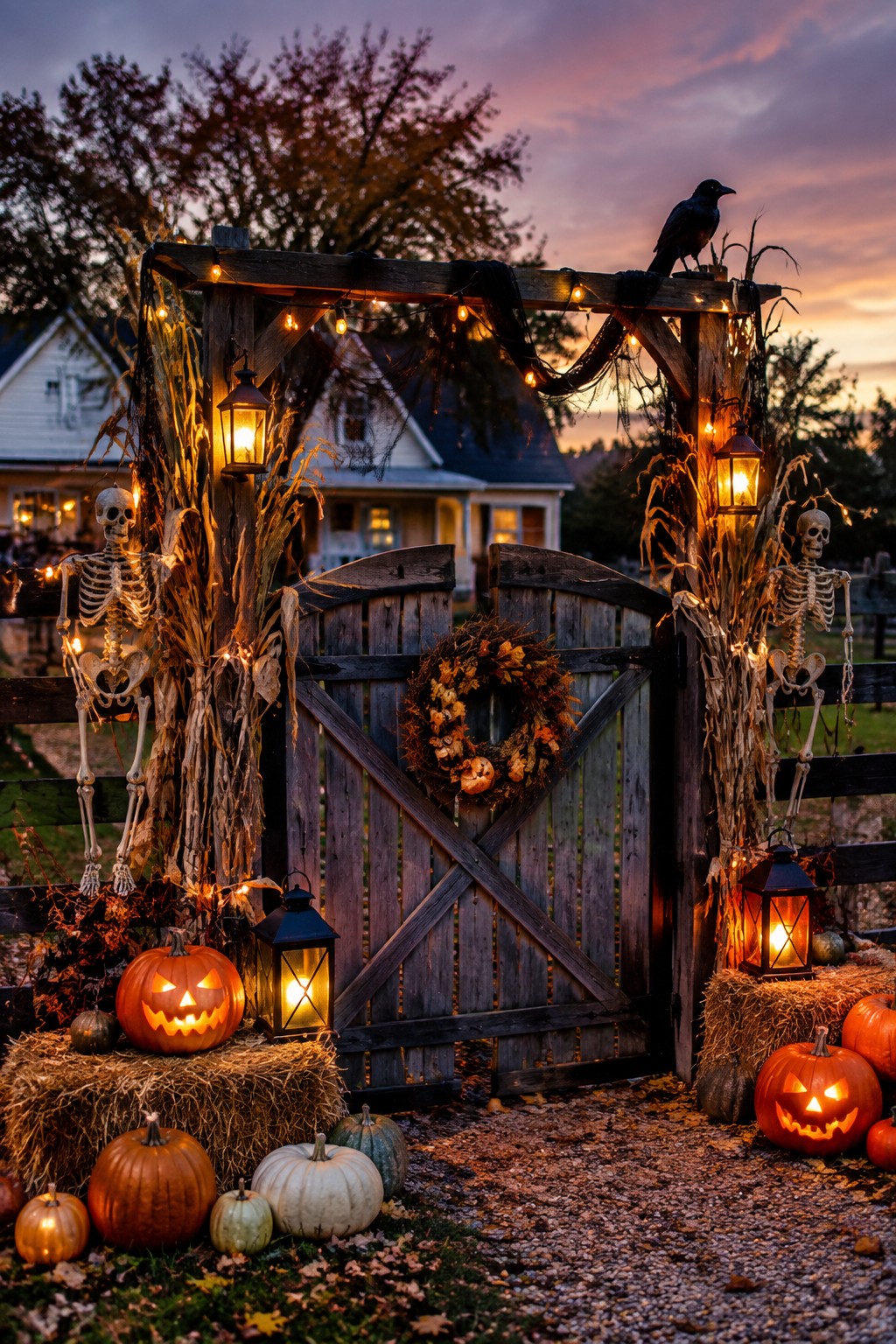 Outdoor wooden gate decorated with two standing skeletons, carved jack-o'-lanterns, corn stalks, and string lights at dusk.