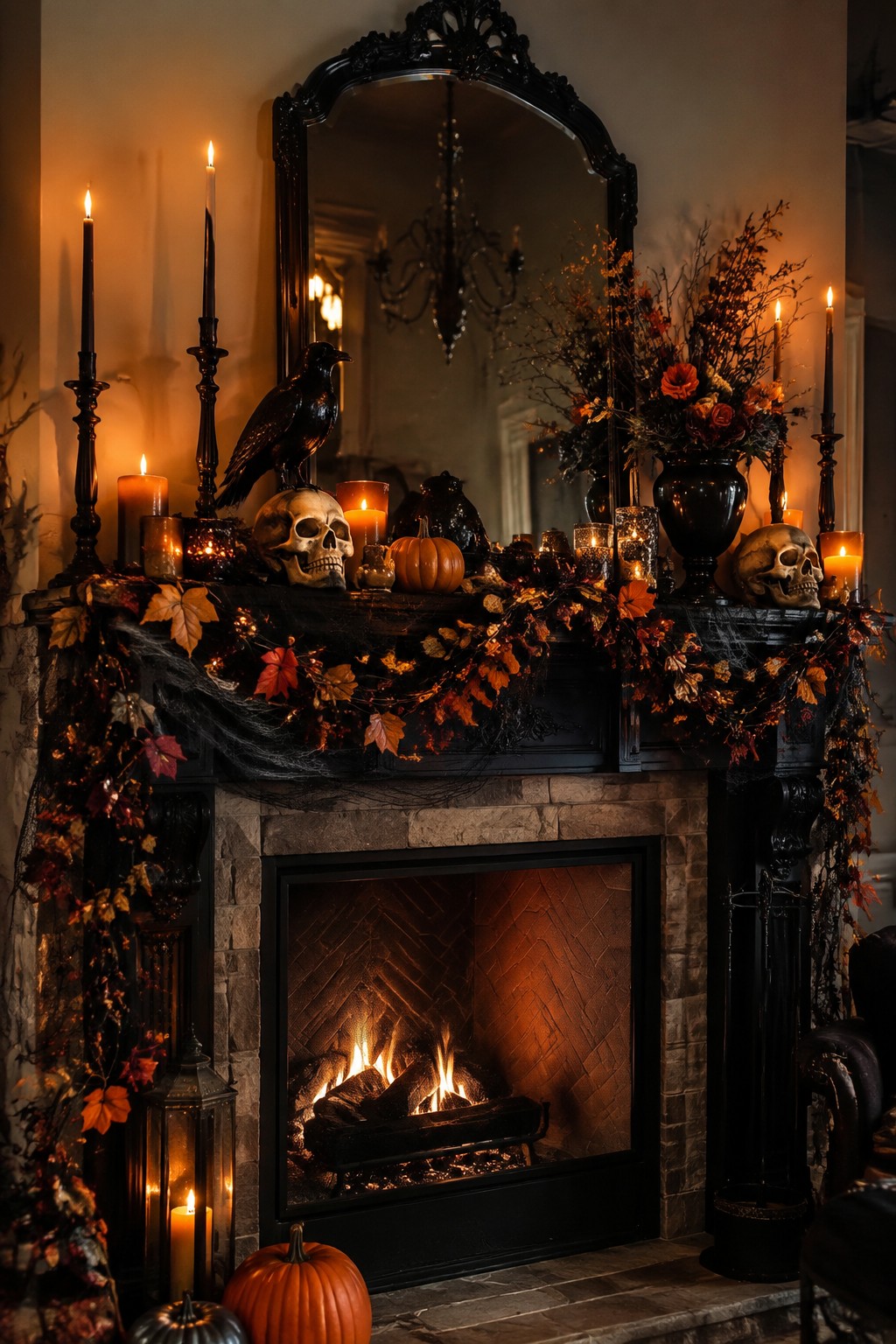 Black fireplace mantel decorated with two skulls, a black crow, lit candles, small pumpkins, and autumn leaf garland with spiderweb accents.