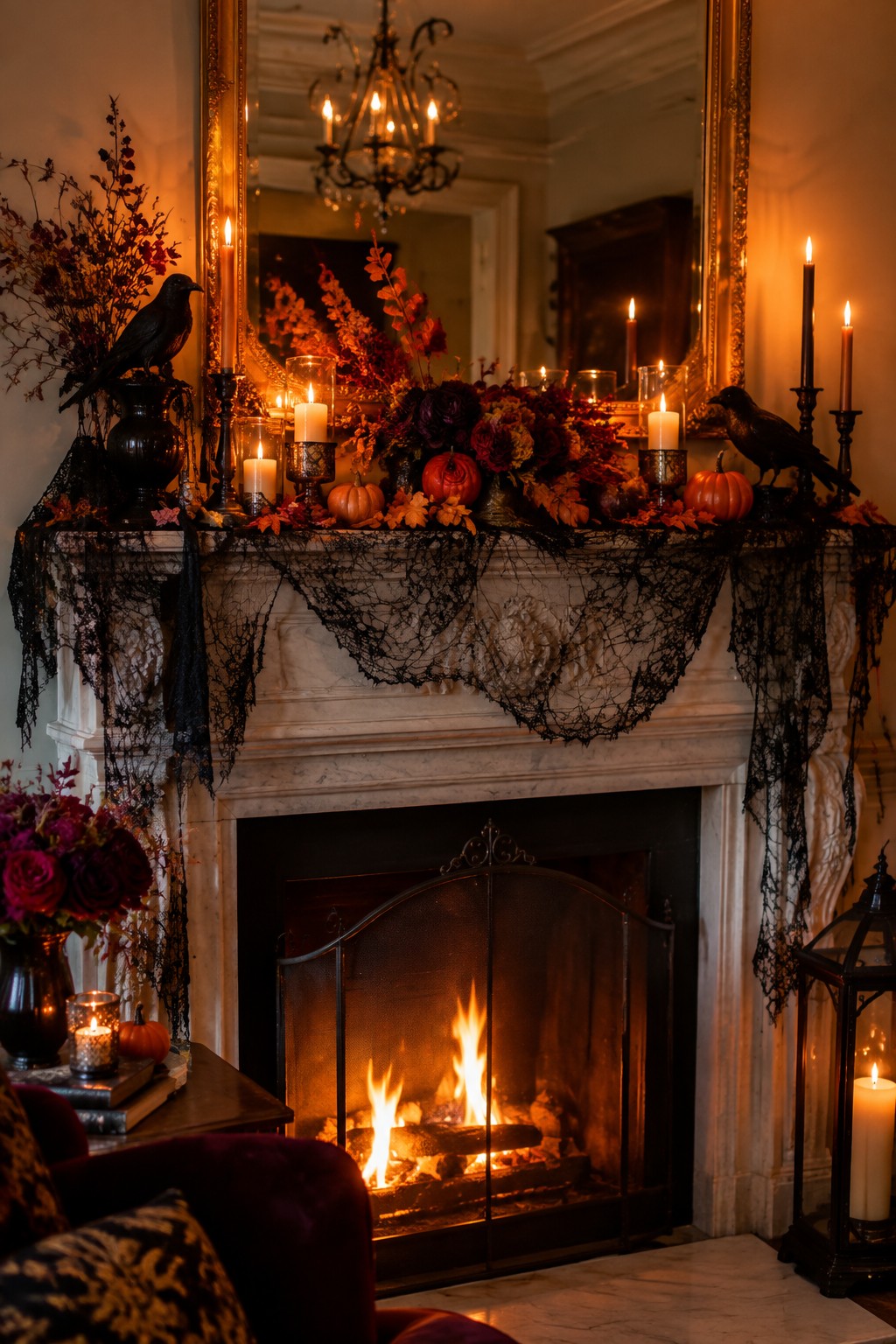 White marble fireplace mantel styled for Halloween with black lace fabric draped across the front, black crows, pumpkins, and lit candles.
