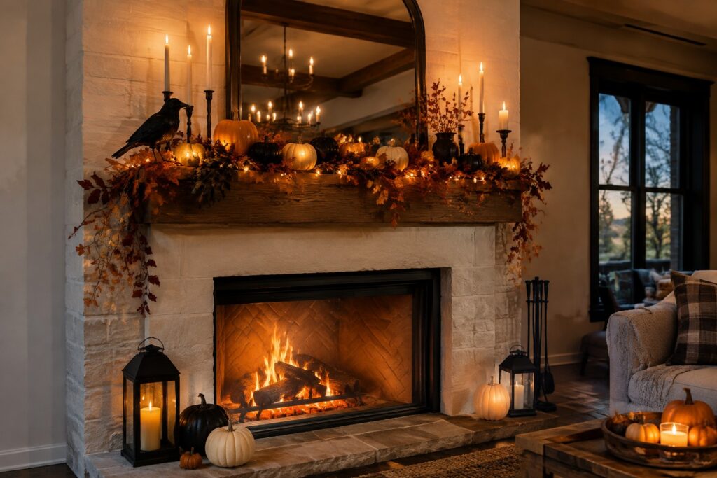 Stone fireplace mantel decorated with orange and white pumpkins, black crows, lit candles, and dark draped garland.