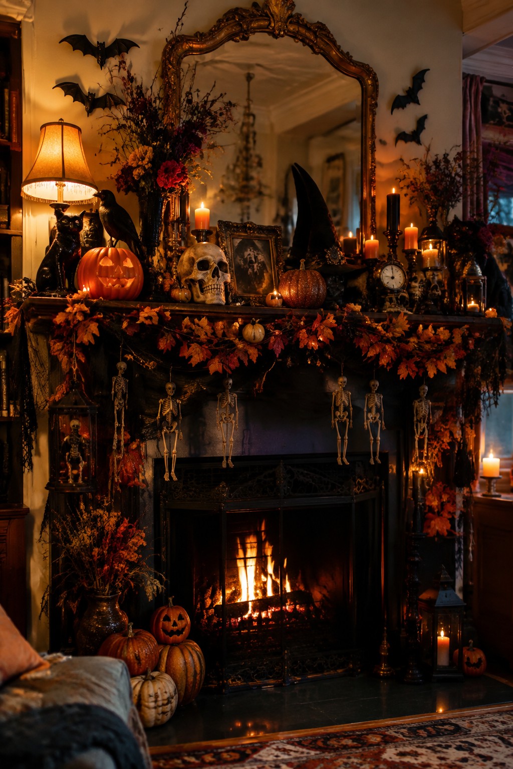 Fireplace mantel styled with hanging plastic skeletons, autumn leaf garland, a human skull, carved pumpkins, candles, and black bats attached to the mirror above.