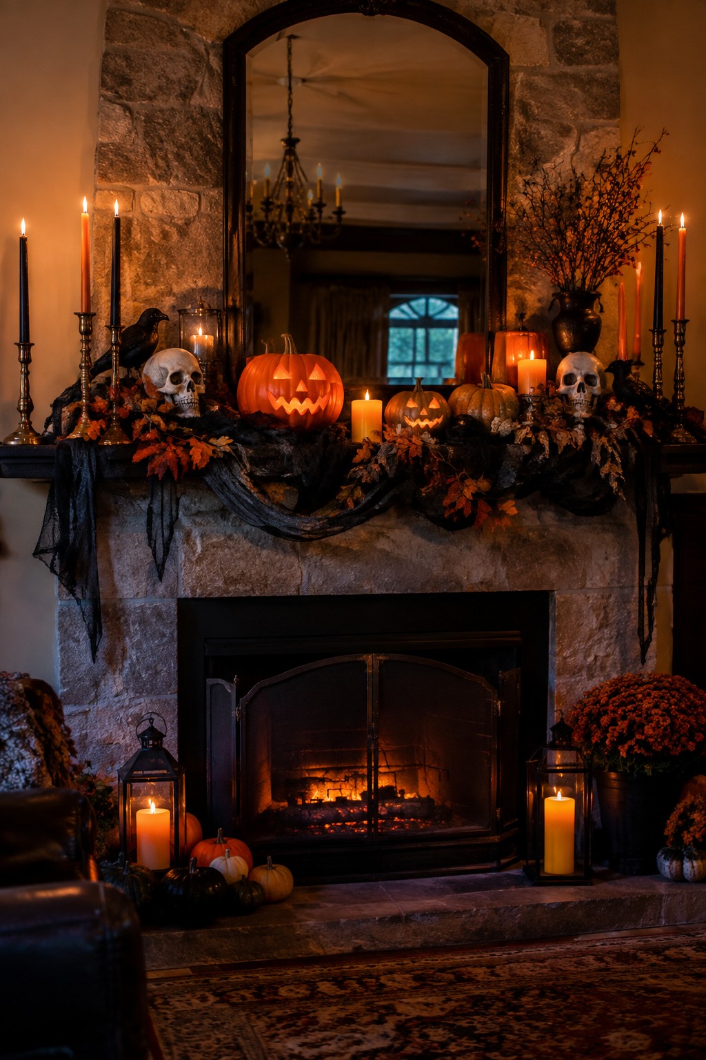 Stone fireplace mantel styled with carved jack o lanterns, skulls, black fabric garland, and lit candles for Halloween.