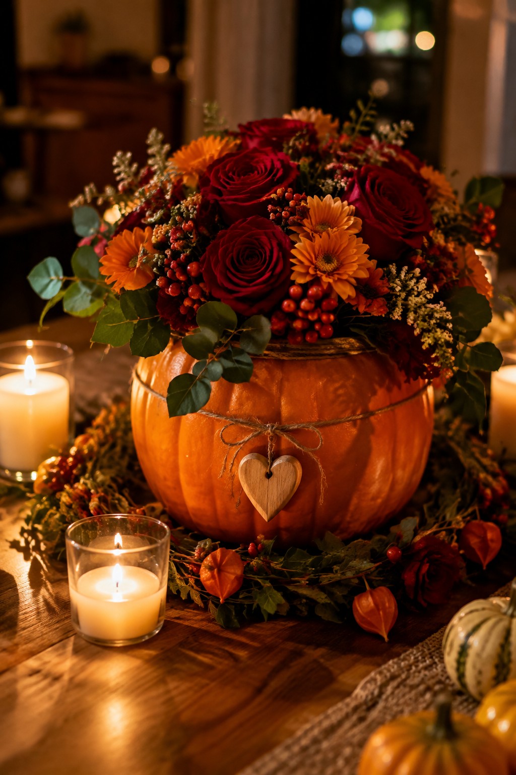Pumpkin filled with red roses and orange flowers, wooden heart, lit candles on table