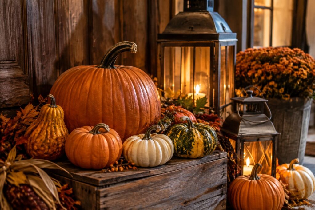 Three pumpkins of different sizes and finishes sit on a wooden table beside a lit metal lantern and a vase of autumn branches.