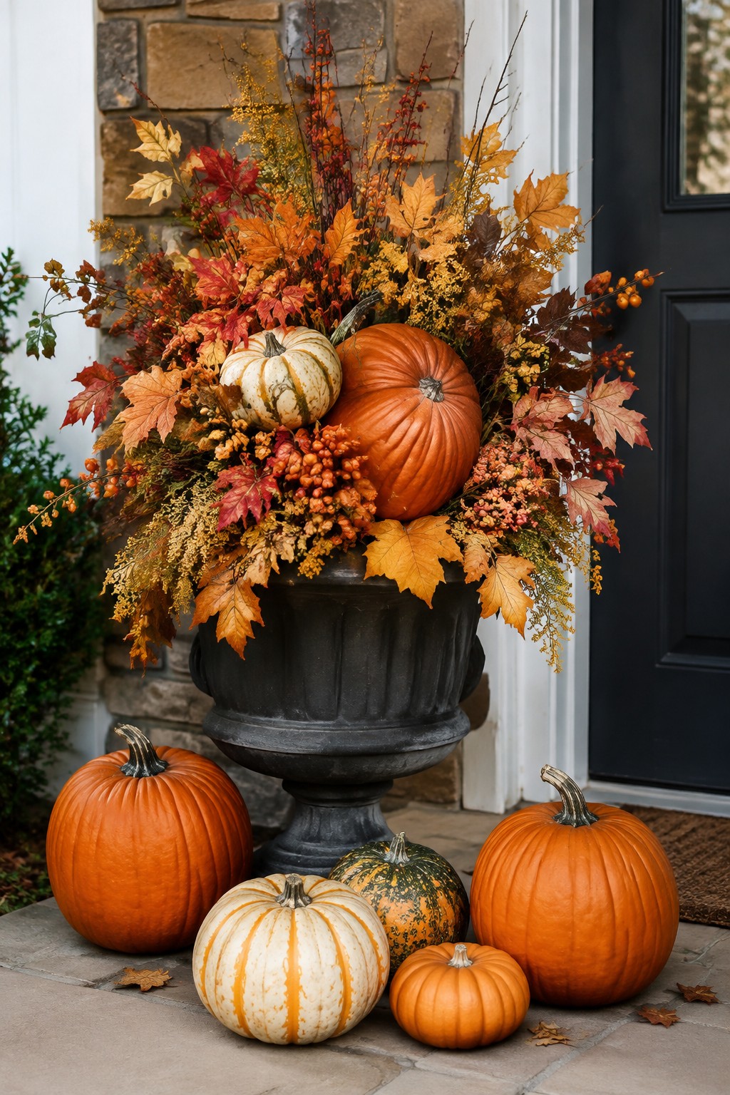 Large black urn filled with orange and white pumpkins plus autumn leaves stands on a stone porch with more pumpkins placed around the base.