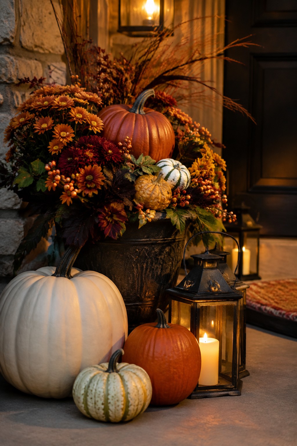 Front porch display featuring white, orange, and striped pumpkins arranged at the base of a large dark urn filled with orange flowers and dried foliage, with lit black lanterns nearby.