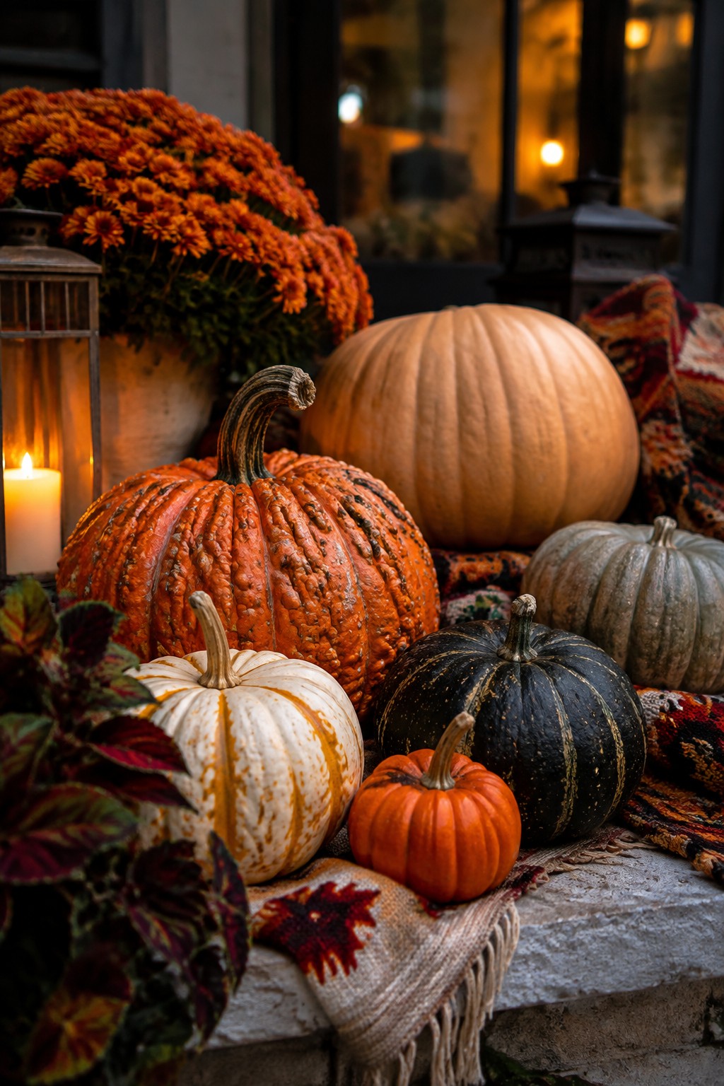 A group of pumpkins in orange, white, black, and beige arranged on stone steps beside a lit lantern and autumn plants.