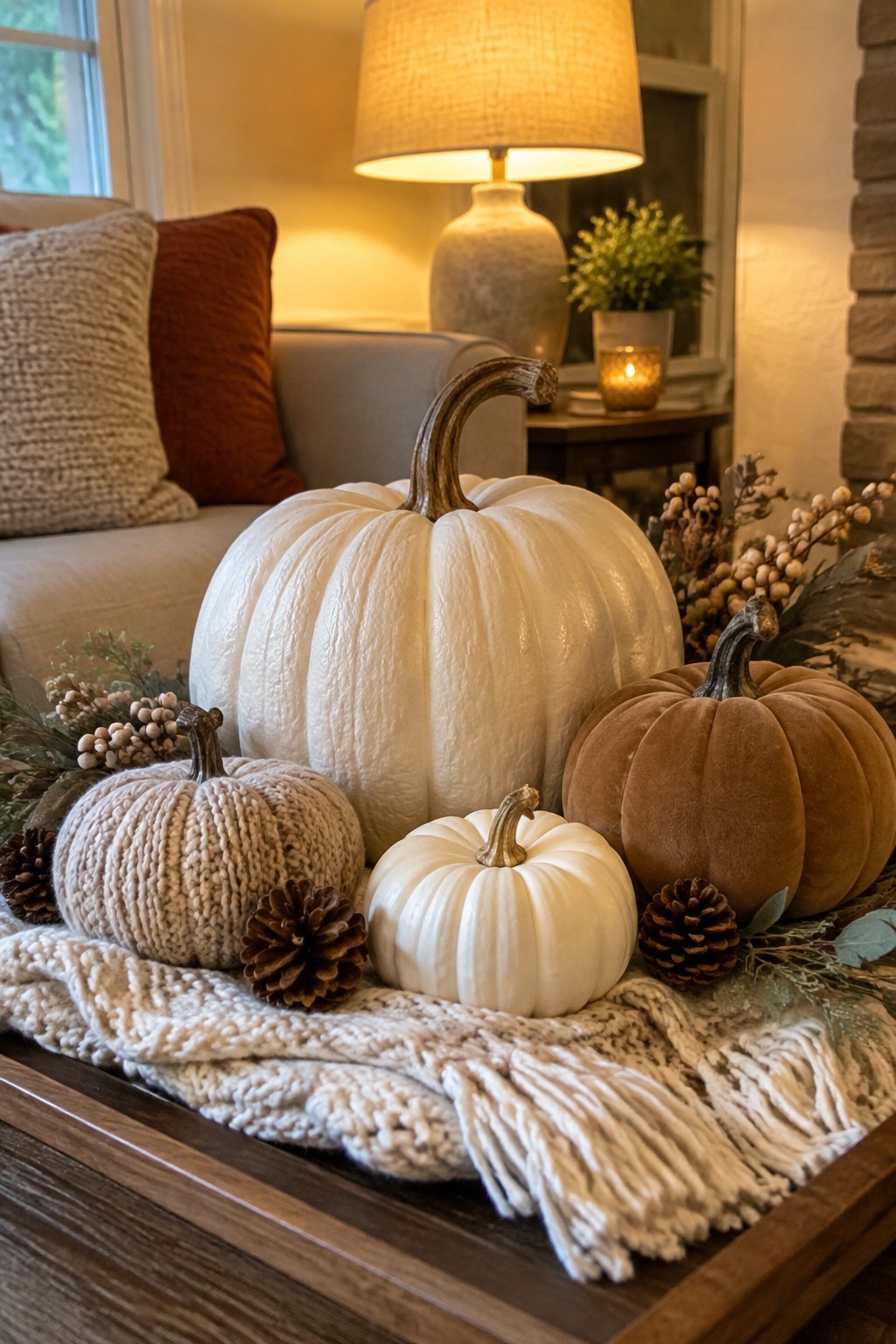 Wooden tray holding white pumpkins, a brown velvet pumpkin, a knitted pumpkin, pinecones, and dried stems on a fringed cream blanket.