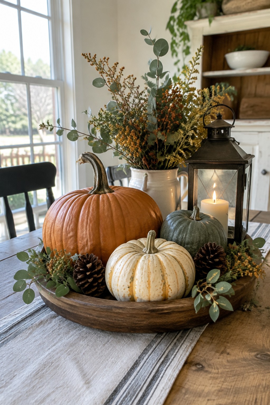 Rustic autumn display of pumpkins, pinecones, and lantern with candle in wooden bowl on table