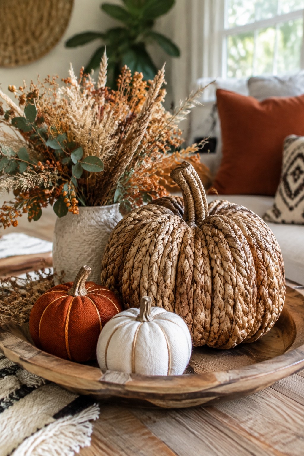 Rustic wooden bowl with woven pumpkin, fabric pumpkins, and dried autumn flowers