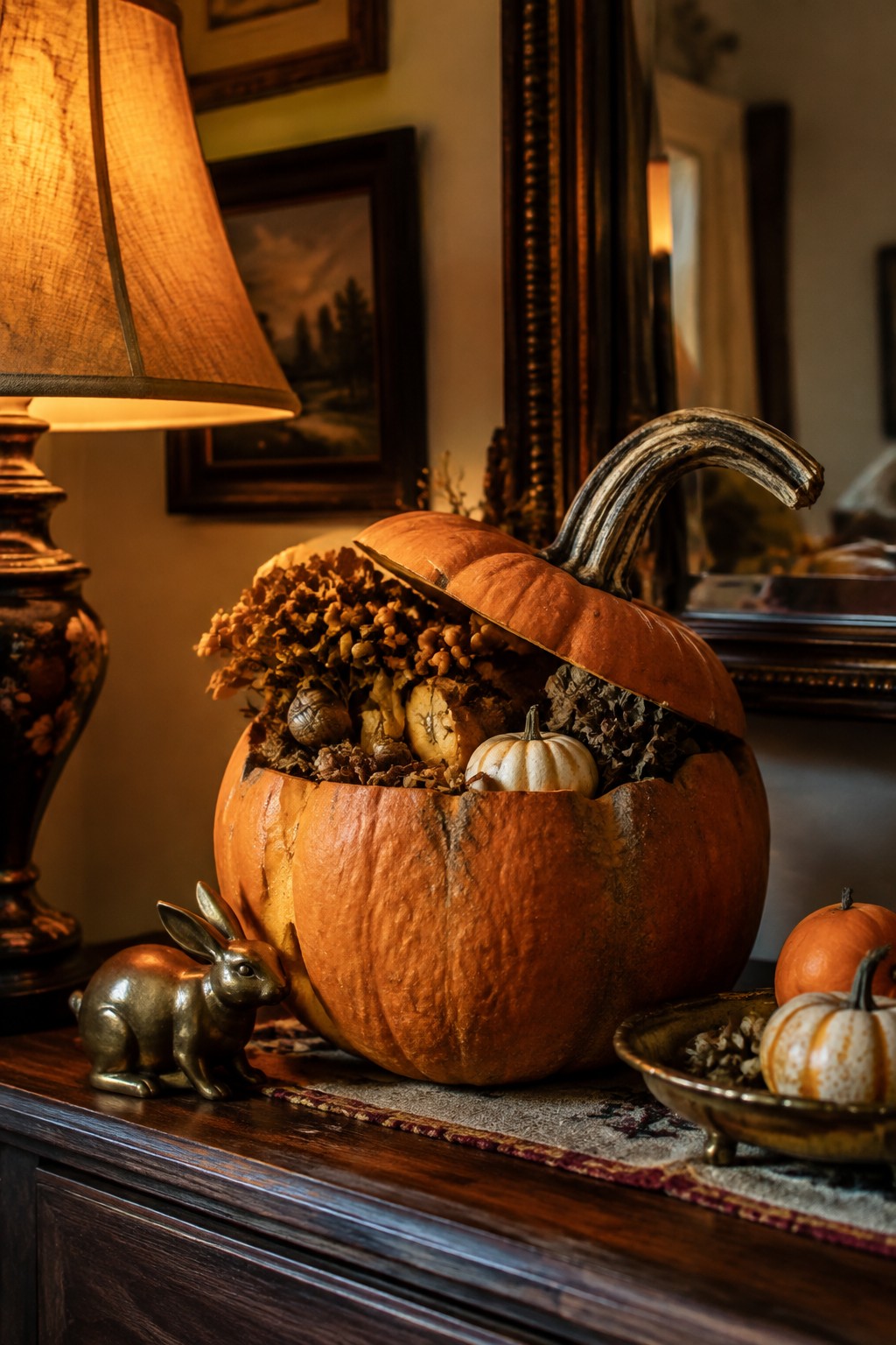 A large hollowed orange pumpkin with its lid tilted back sits on a wooden console, filled with dried flowers and small white and orange pumpkins beside a brass rabbit figurine.