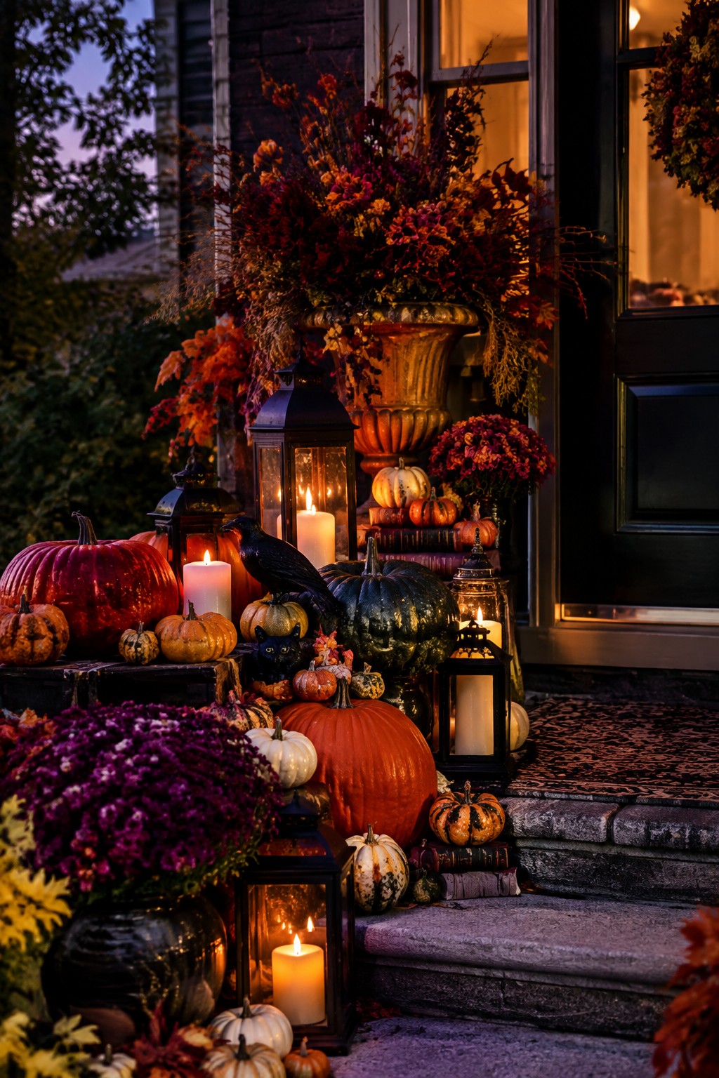 Front door entry decorated with a large grouping of orange, white, and green pumpkins of various sizes along with black lanterns and small black cat and crow figurines on the steps.