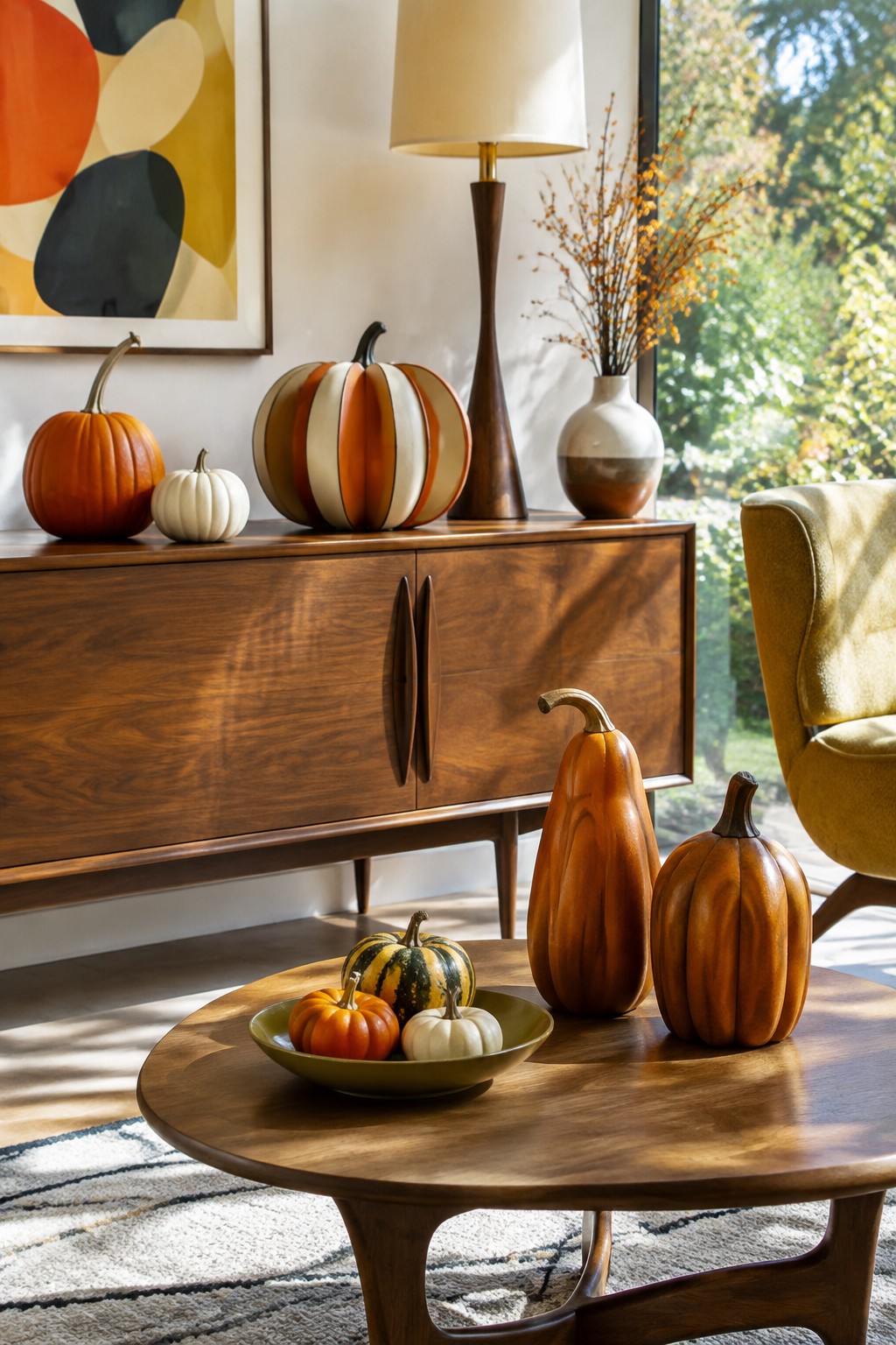 Living room with wooden console and round coffee table holding assorted orange, white, striped, and carved wooden pumpkins.